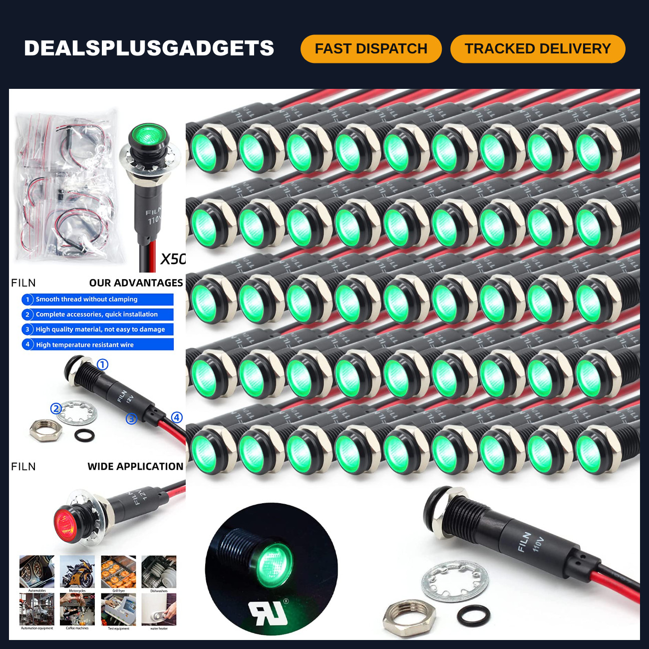 50PCS 8mm Green LED Metal Indicator Light 110V 120V 125V Waterproof IP67