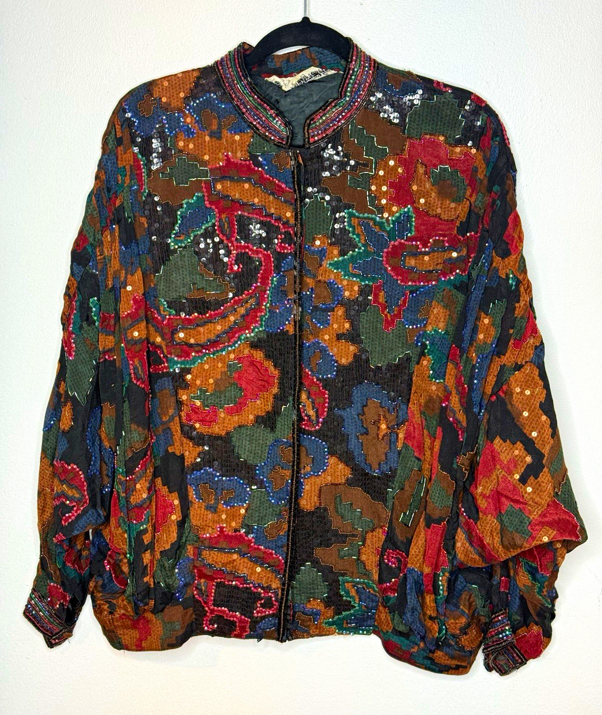 Vintage 80s Judith Ann Creations Silk Sequin Beaded Bomber Jacket M/L