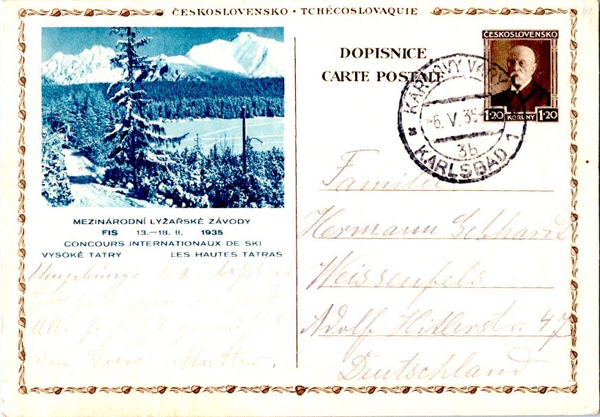 Czechoslovakia 1.20K Masaryk Illustrated Mezinarodni Lyzareske Zavody Postal Car Czechoslovakia 1.20K Masaryk Illustrated Mezinarodni Lyzareske Zavody Postal Car