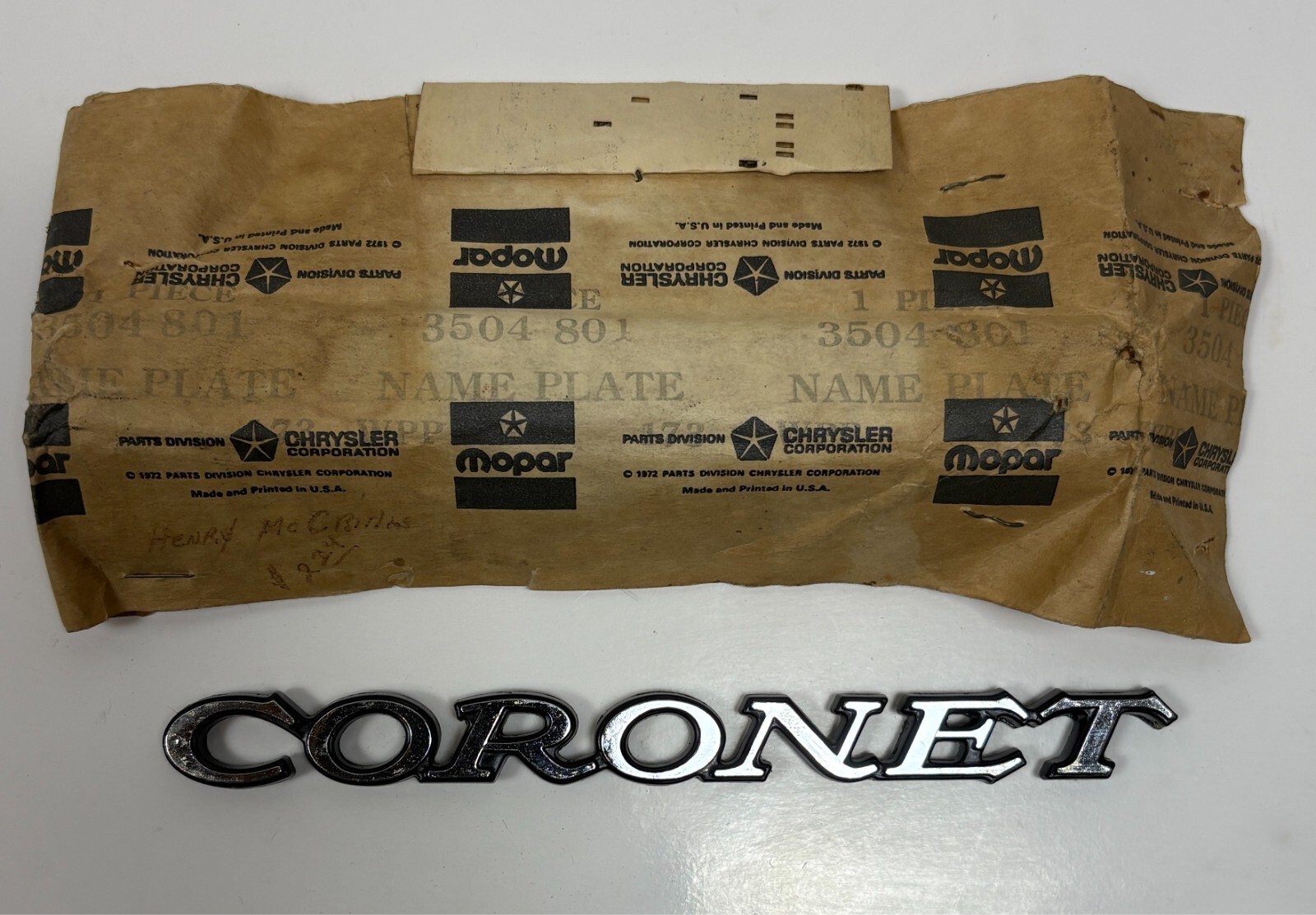 New Old Stock Nameplate for 1969-74 Dodge Coronet Models Mopar #3504801 New Old Stock Nameplate for 1969-74 Dodge Coronet Models Mopar #3504801