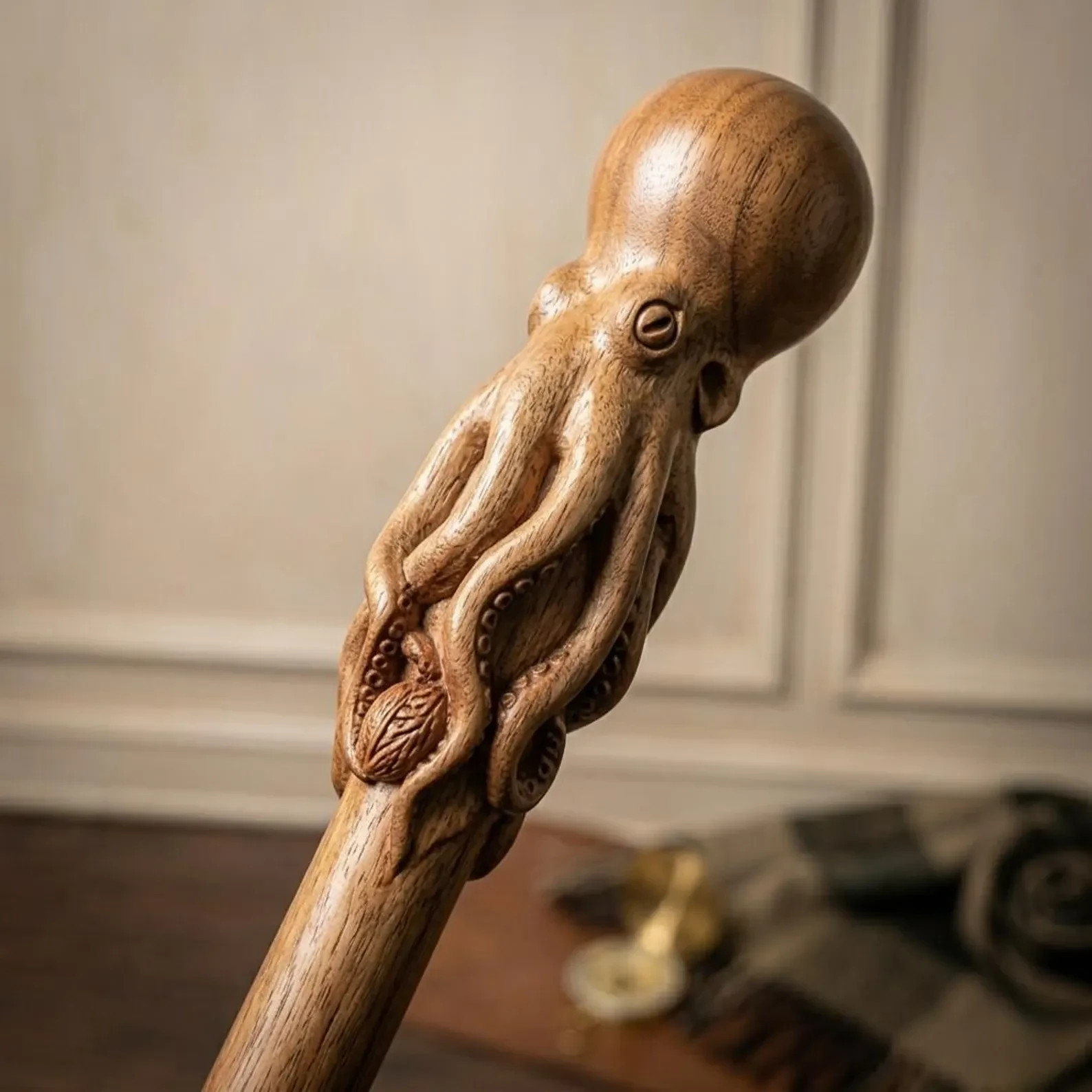 Artisan Handcrafted Octopus Walking Stick, Unique Wooden Carved Staff & Cane