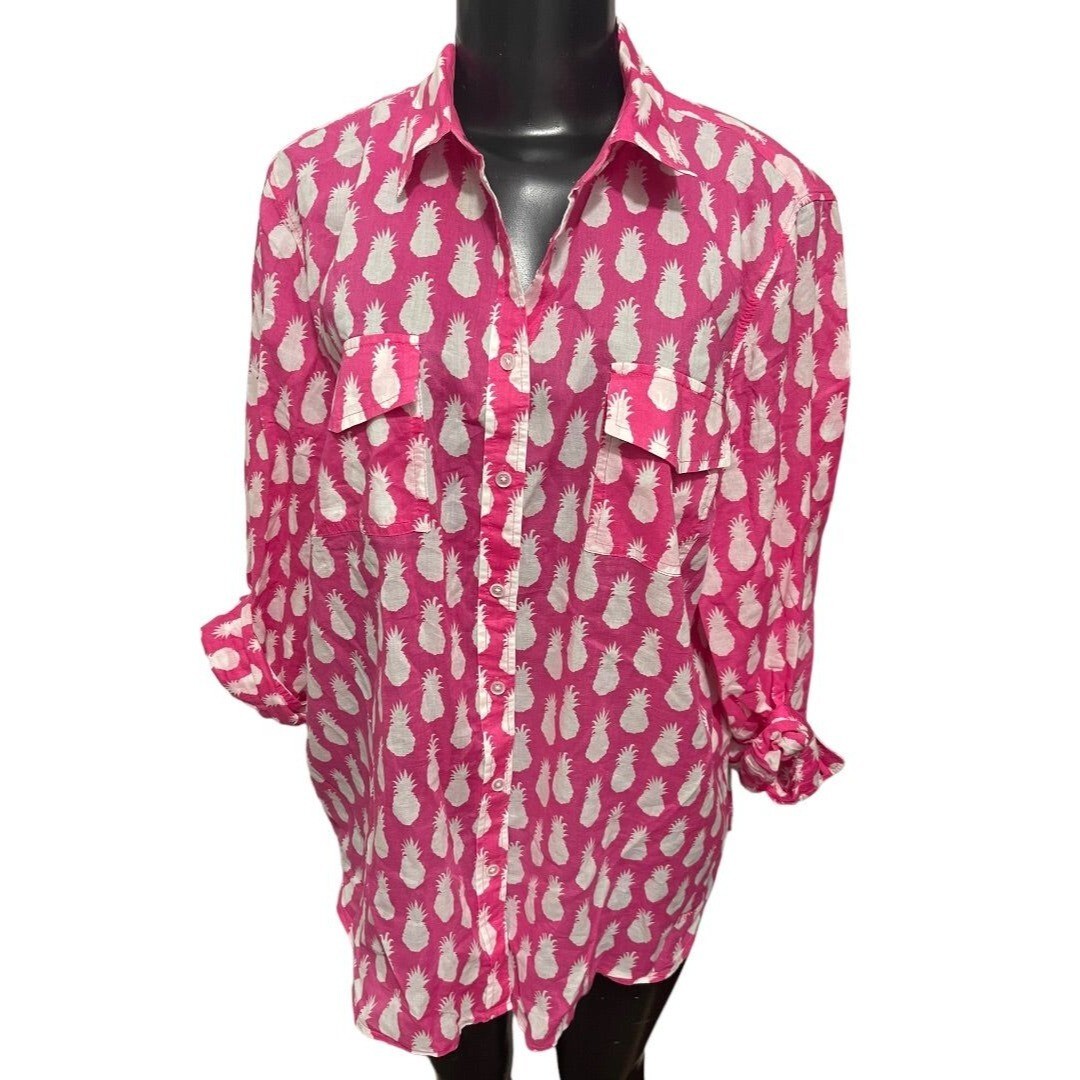 Large Talbots Womens Casual Button Down Pineapple Print Cotton Shirt Pockets