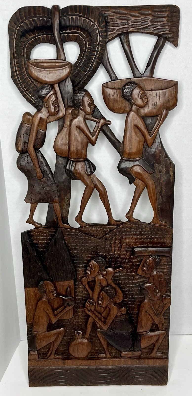 Vintage African Hand Carved Wood Wall Art Panel Relief Plaque Sculpture 31” XL