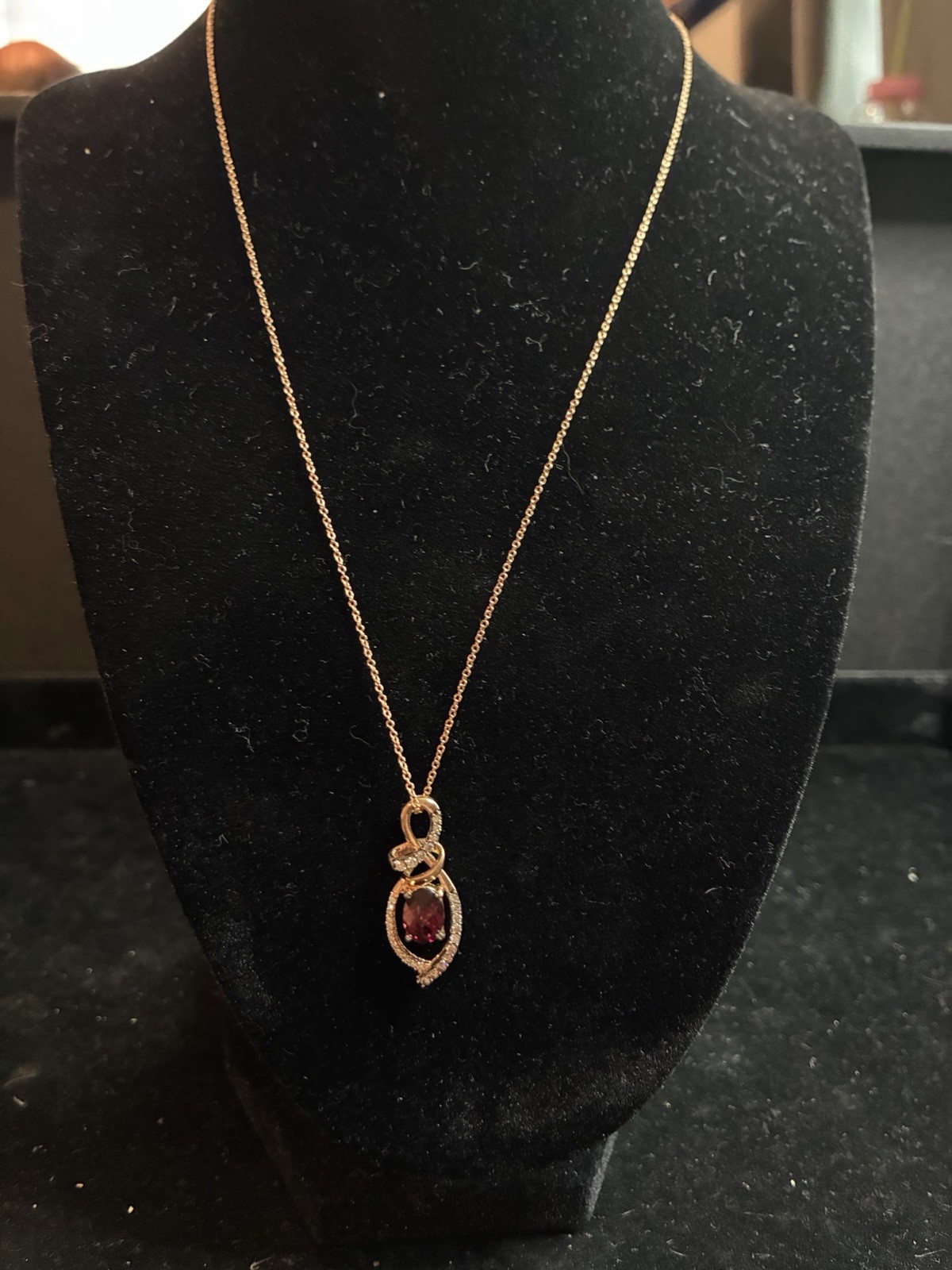LeVian Solid 14kt Rose Gold, Garnet, and Diamond Ribbon Necklace Pendant & Chain