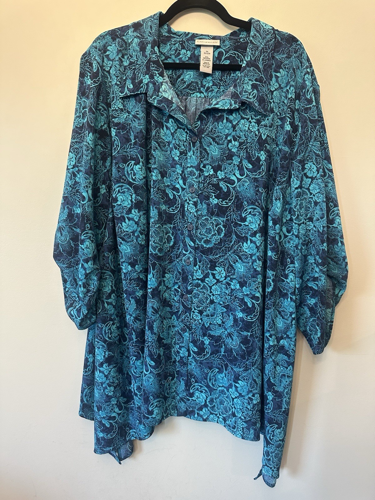 Catherines teal blue floral blouse with a button-down front Lightweight Summer Catherines teal blue floral blouse with a button-down front Lightweight Summer