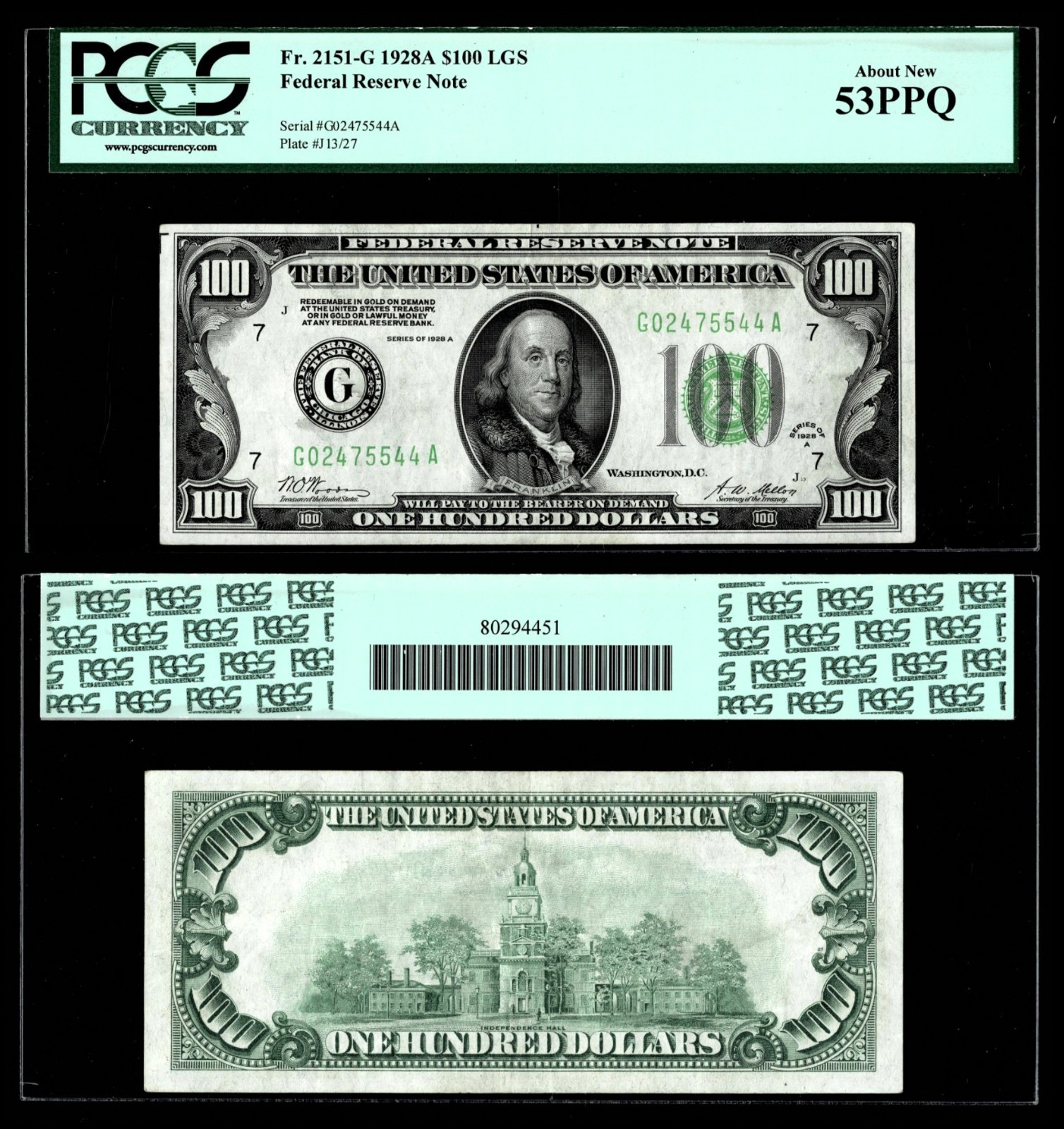 Fr. 2151-G $100 1928A Light Green Seal Federal Reserve Note.PCGS About New 53PPQ
