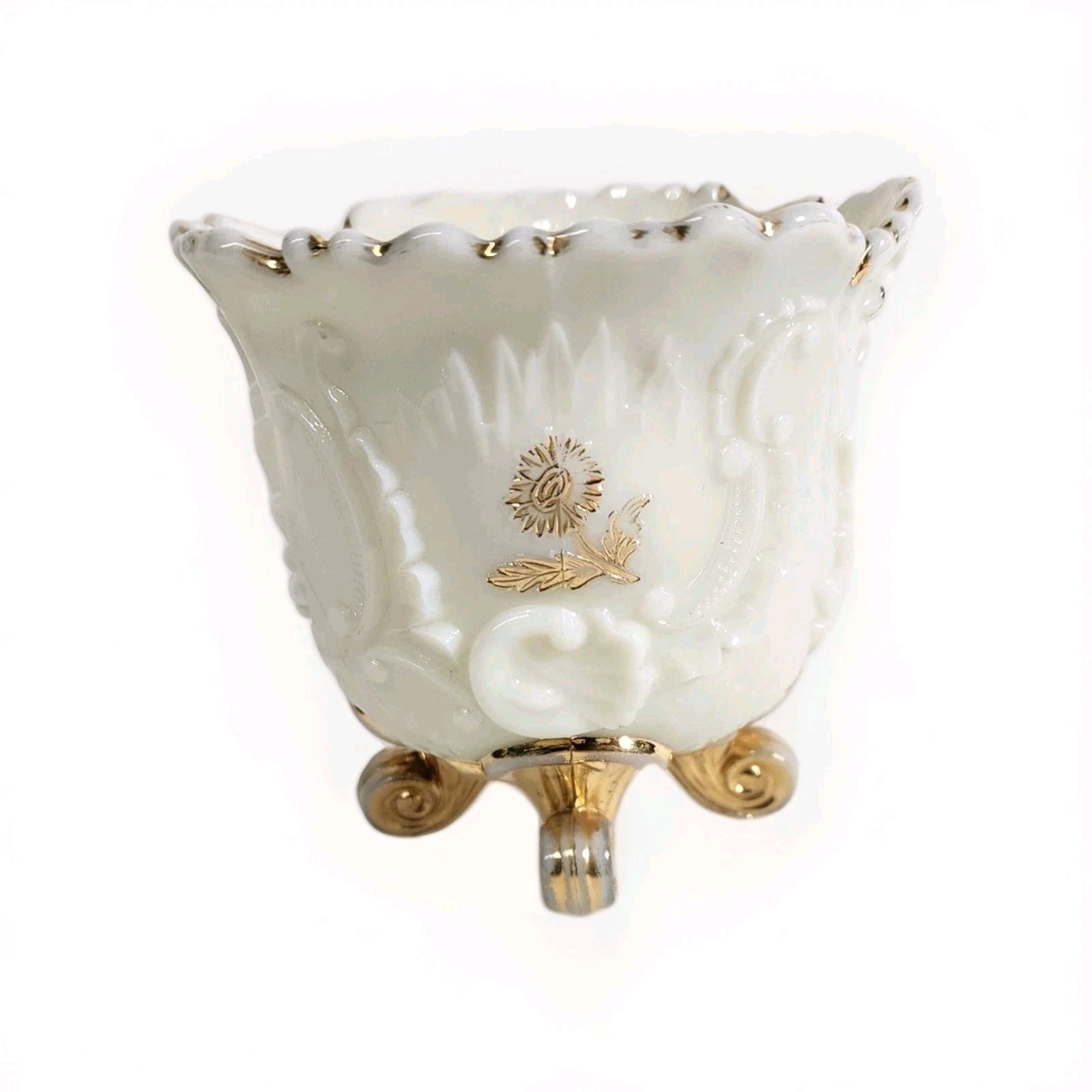 Antique Northwood Vaseline Custard glass Louis XV sugar footed 1898 gold trim 