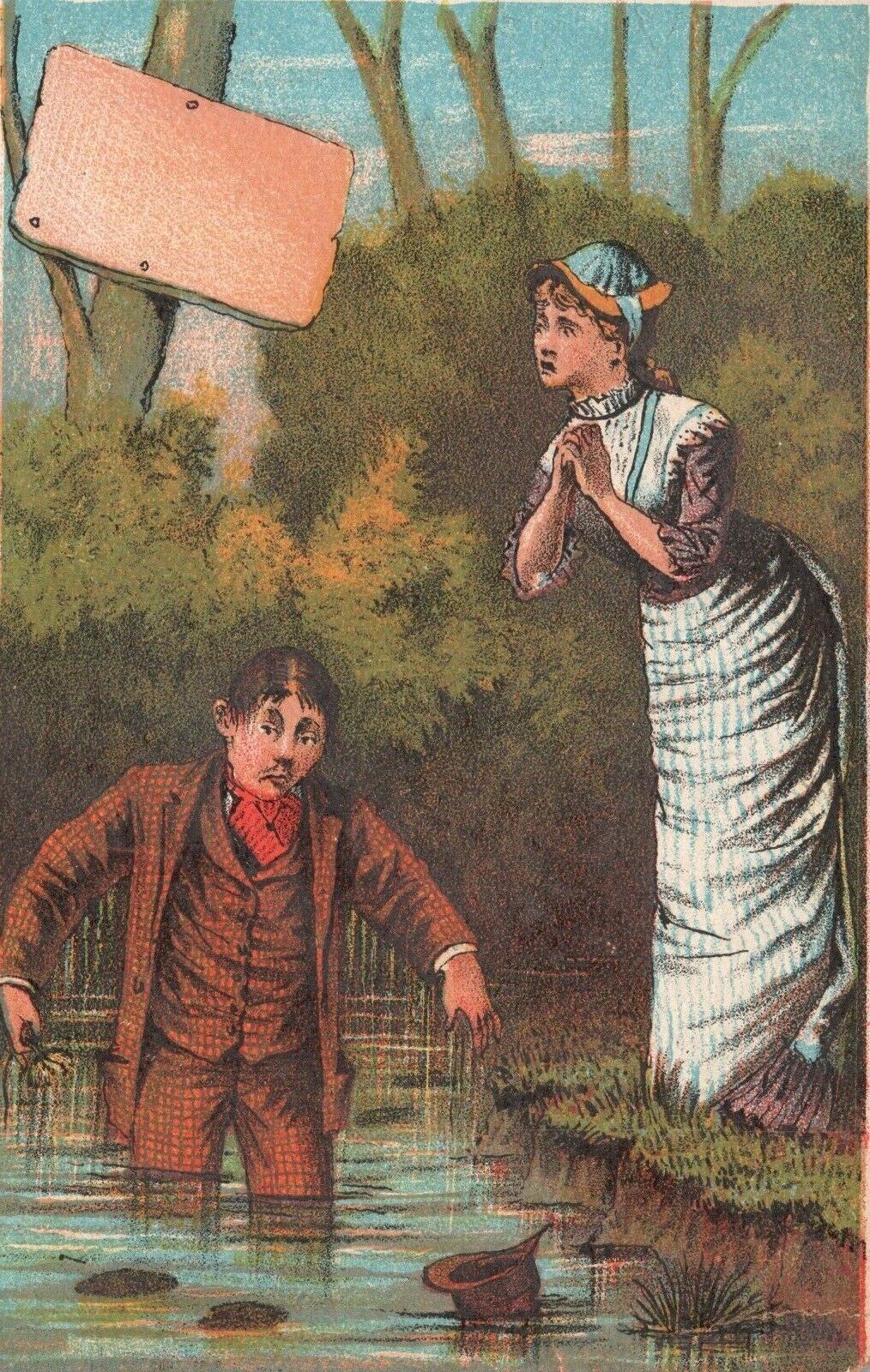1880-90's Man Falls into Water as Woman Watches Well Dressed Trade Card