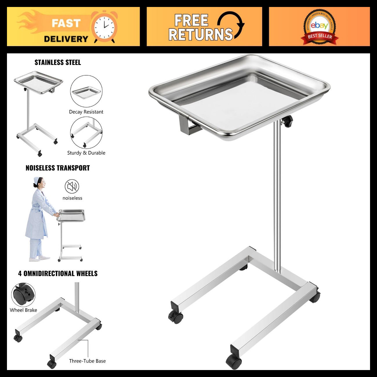 Height Adjustable Medical Tray Stand, 18x14\