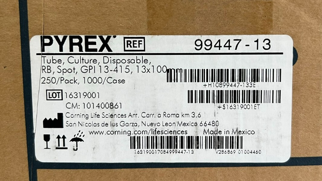 Corning Pyrex 99447‑13 Disposable Culture Tubes – 13×100 mm, 250/Pack, 1000/Case Corning Pyrex 99447‑13 Disposable Culture Tubes – 13×100 mm, 250/Pack, 1000/Case