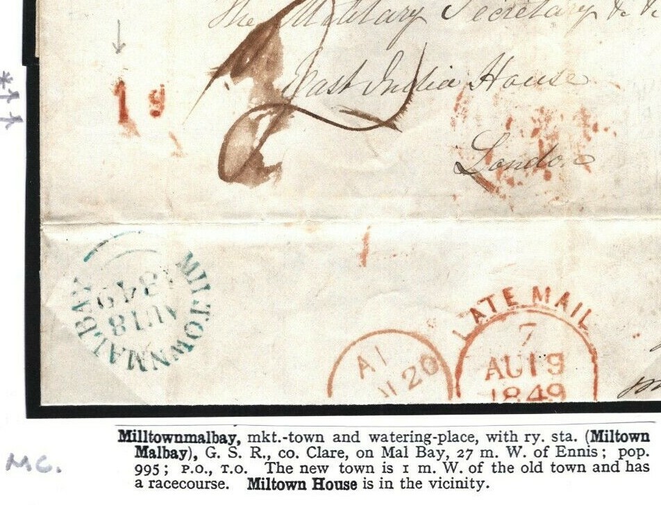 GB IRELAND Cover *Milltownmalbay* DISTINCTIVE UPP HANDSTRUCK *1d* 1849 RARE L25c GB IRELAND Cover *Milltownmalbay* DISTINCTIVE UPP HANDSTRUCK *1d* 1849 RARE L25c