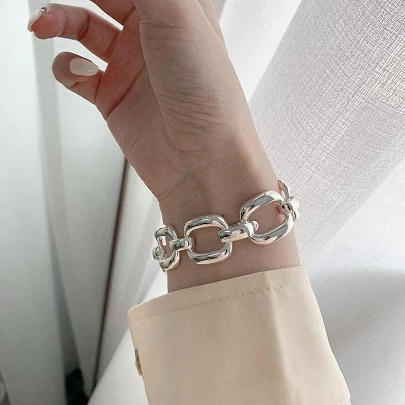 925 Sterling Silver Bracelet For Women Thick Chain Hip Hop Vintage Jewelry Gift