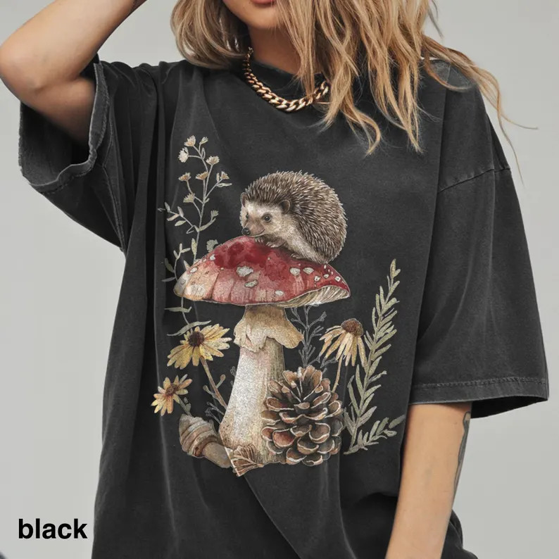 Vintage Hedgehog Mushroom Woodland Nature Animal Comfort Tee