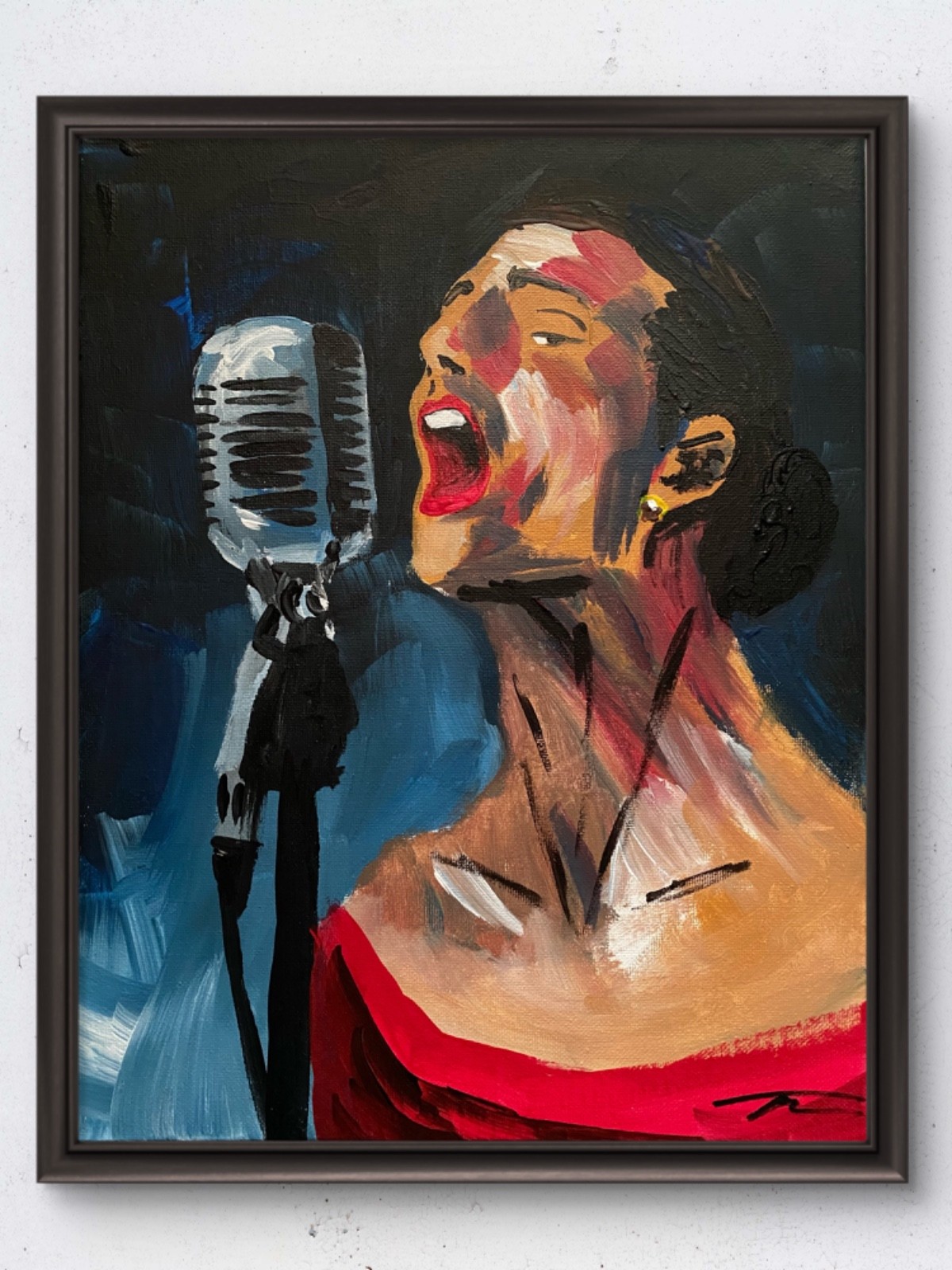Original 14x11 Expressionist Jazz Singer Microphone Painting Signed Canvas