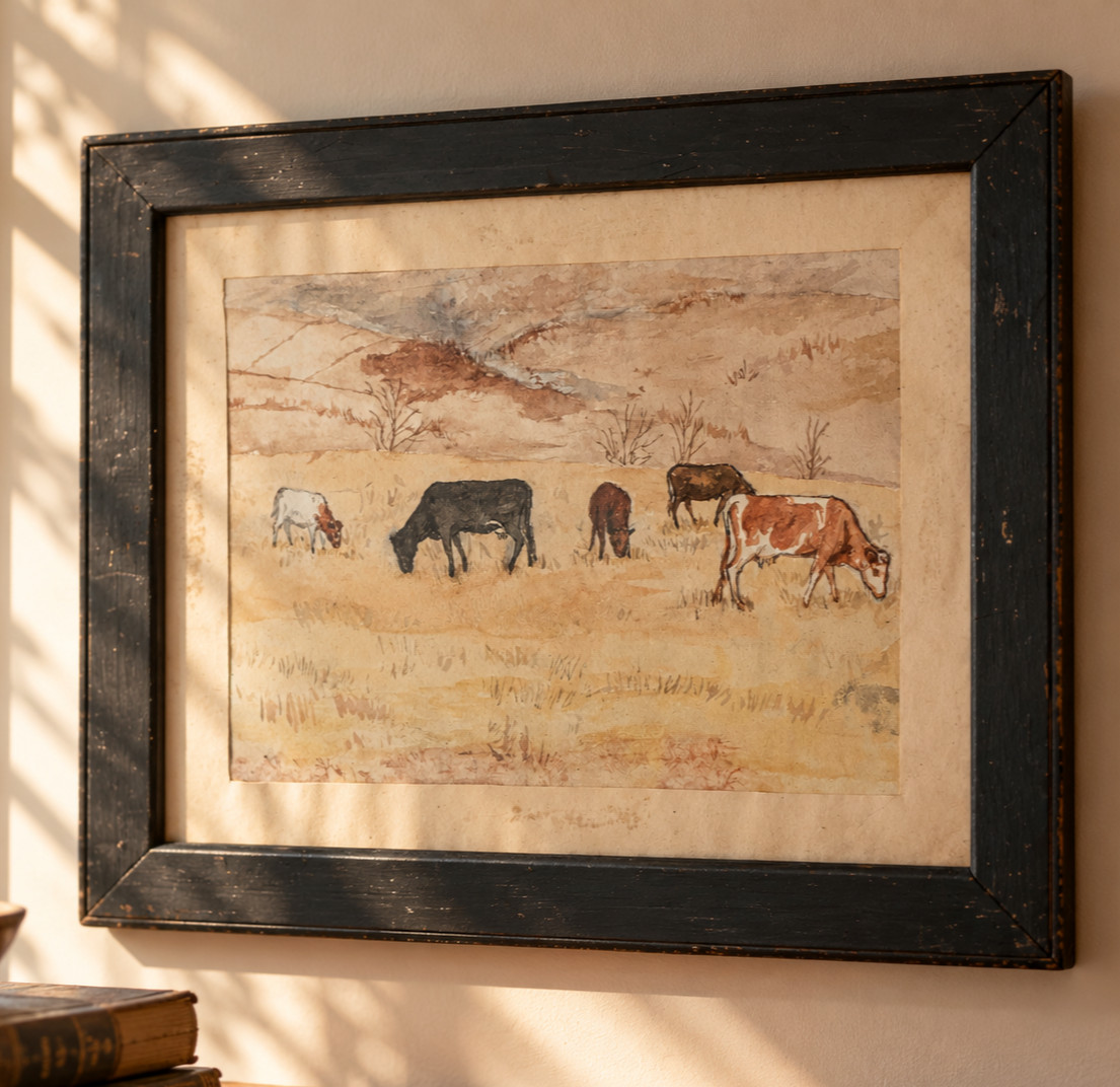 Antique 1902 Cattle Pastoral Watercolor Painting Folk Art Farm Landscape Framed