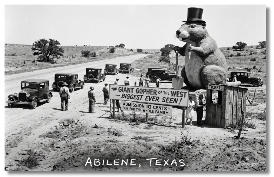 Vintage‑STYLE NEW ART 1930's RPPC-THE GIANT GOPHER BIGGEST-ABILENE TEXAS-FAUX