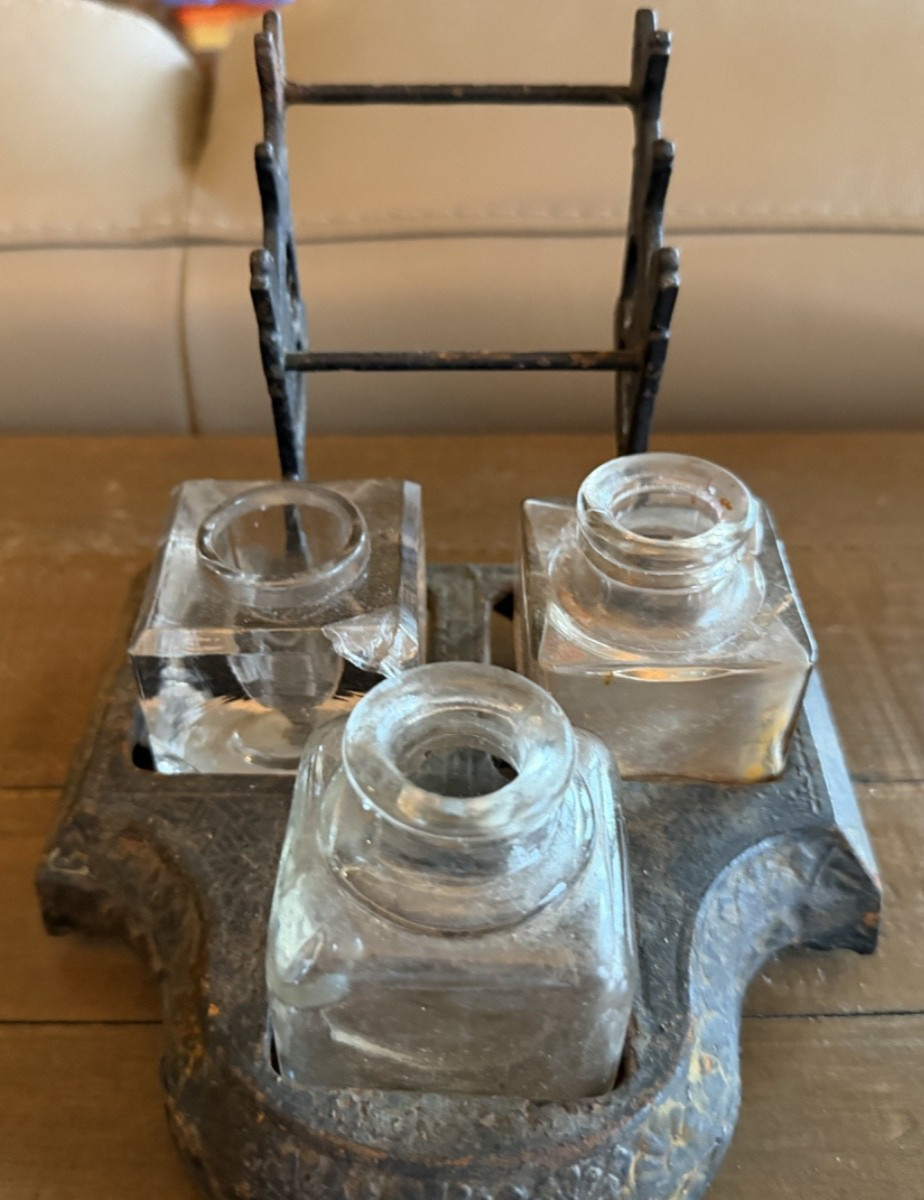 Antique Victorian Eastlake Style Triple Inkwell w/ Pen Holders Antique Victorian Eastlake Style Triple Inkwell w/ Pen Holders