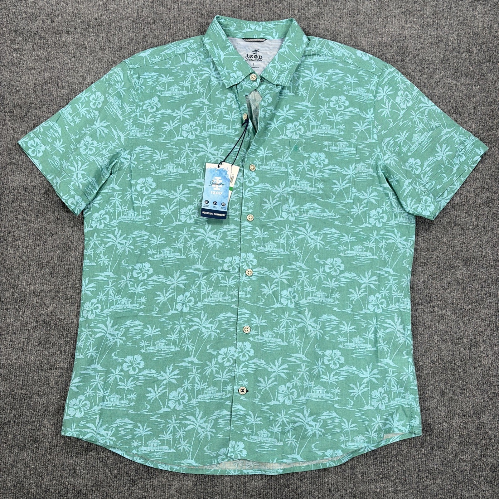 NWT IZOD Saltwater Button Shirt Mens L Short Sleeve Teal Green Tropical Resort NWT IZOD Saltwater Button Shirt Mens L Short Sleeve Teal Green Tropical Resort
