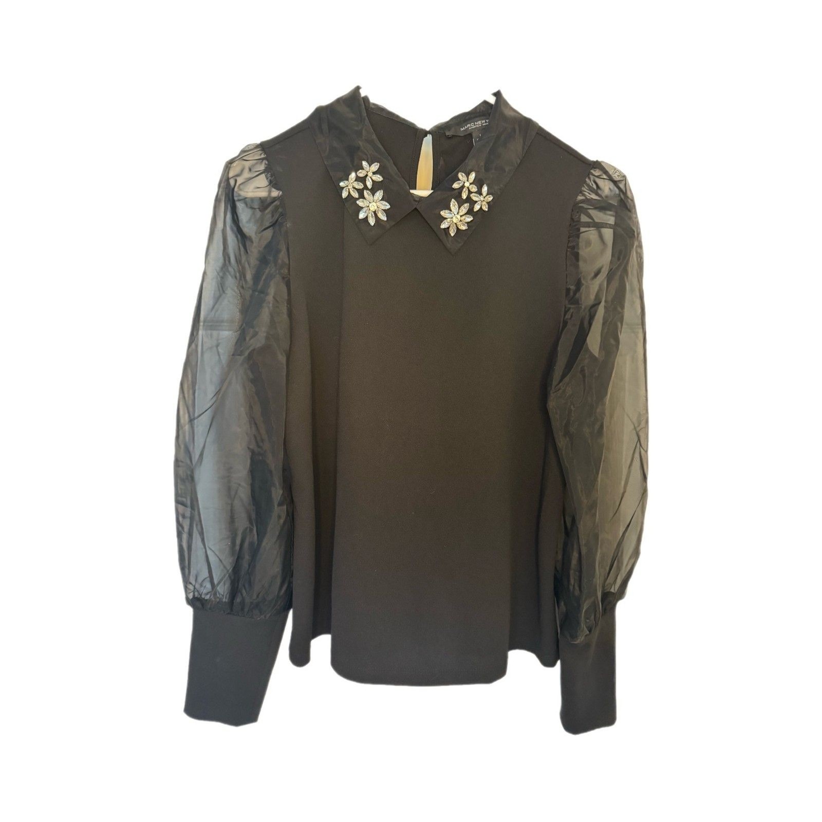 Marc New York Jewel Peter Pan Collar Shirt Sheer Balloon Sleeve L Dark Romantic