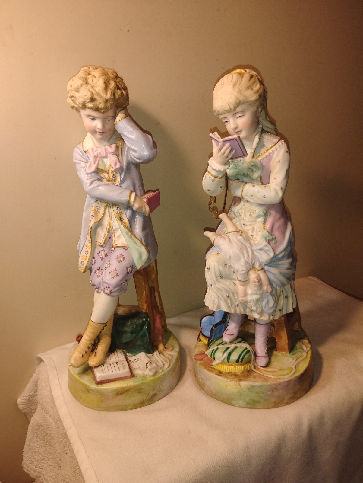 FiNE Antique French Mauger & Fils Bisque Figurine Pr Girl w Doll Boy w Book 14\ FiNE Antique French Mauger & Fils Bisque Figurine Pr Girl w Doll Boy w Book 14\