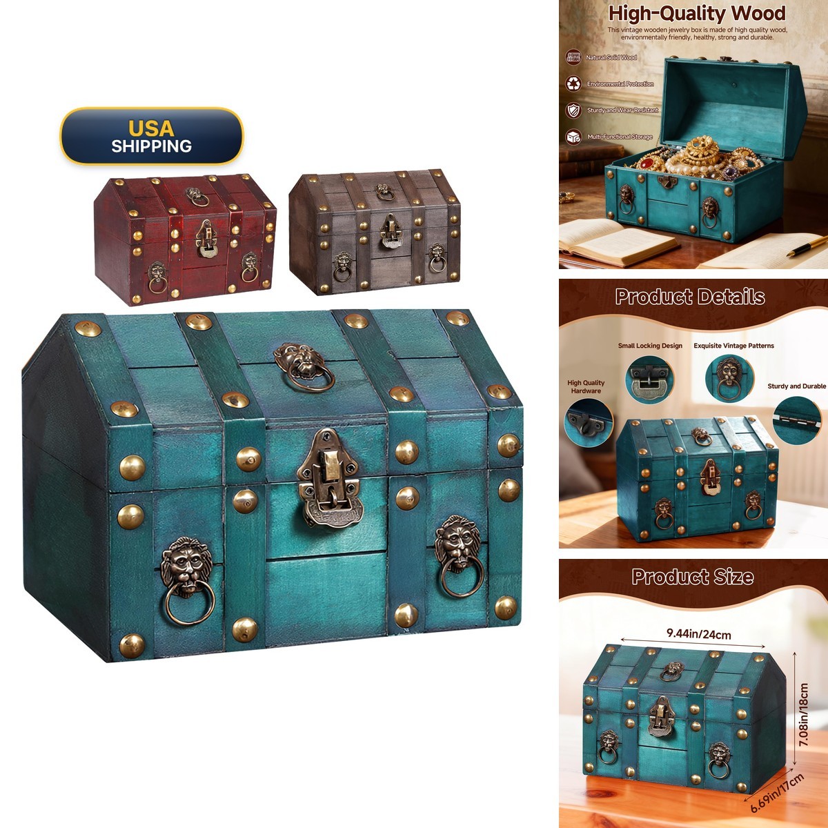 GemJelry Large Vintage Wooden Treasure Chest Antique Box Metal Lock Wood Box GemJelry Large Vintage Wooden Treasure Chest Antique Box Metal Lock Wood Box