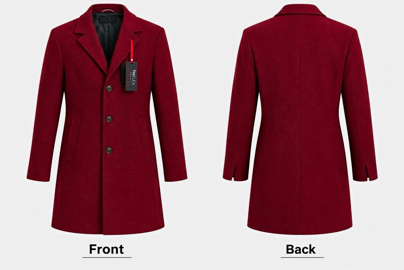 THFlex Men\'s Red Solid Wool Felt Overcoat Button Front Notch Collar Lined M