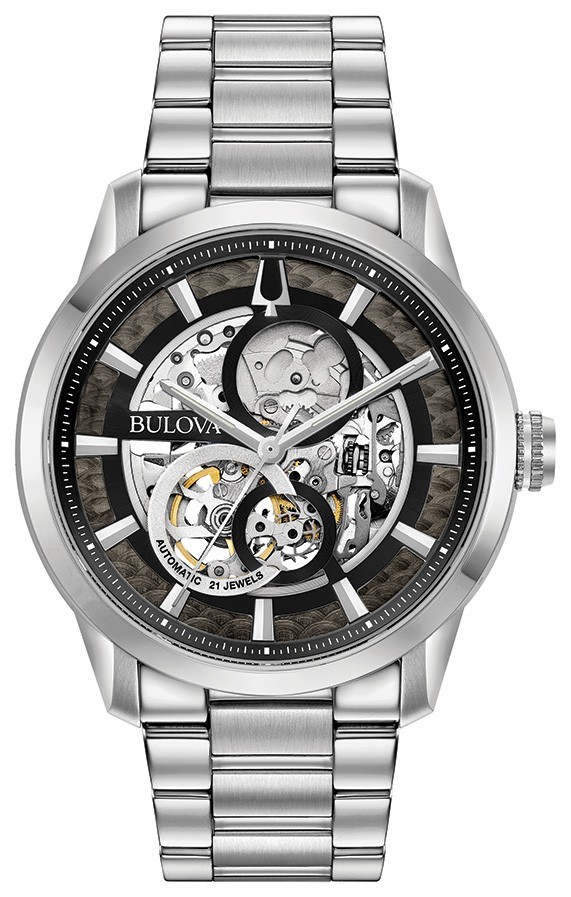 Bulova Men's Sutton Automatic Skeleton Silver Stainless Steel Watch 43MM 96A208
