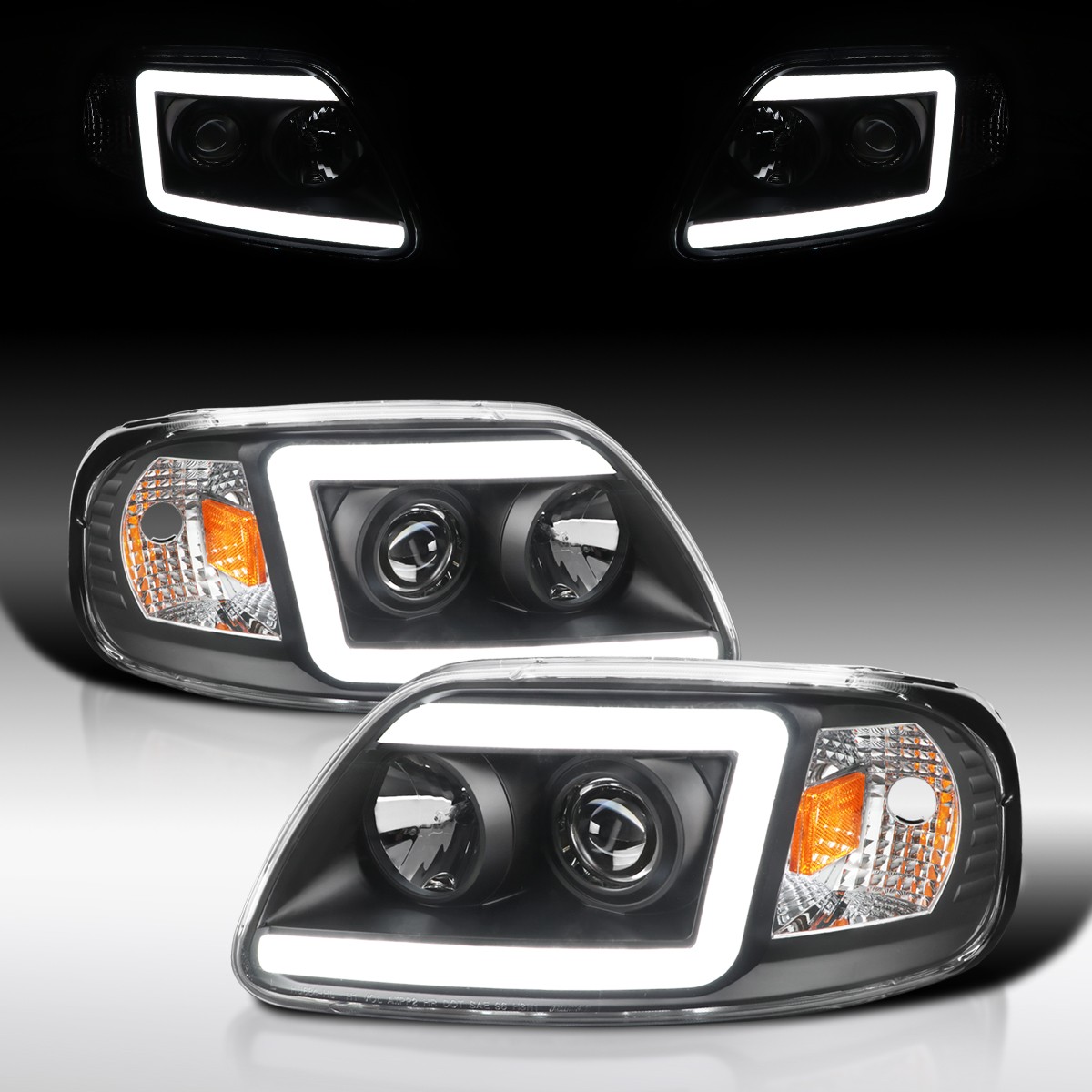 Fit 1997-2003 F150 Expedition Black LED Bar Projector Headlights Lamps 97-03