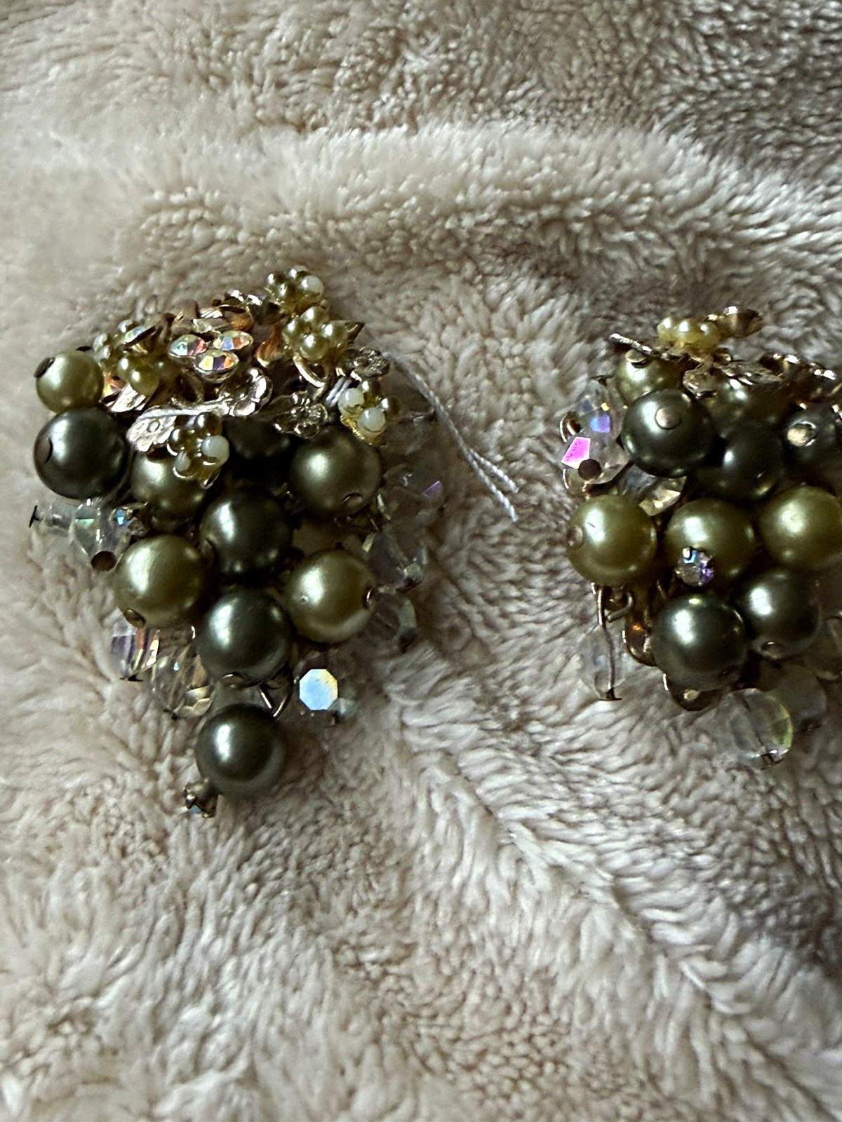 Vintage 1950s 60s PAT PEND Clip On Earrings Faux Pearl AB Crystal Beaded Cluster Vintage 1950s 60s PAT PEND Clip On Earrings Faux Pearl AB Crystal Beaded Cluster