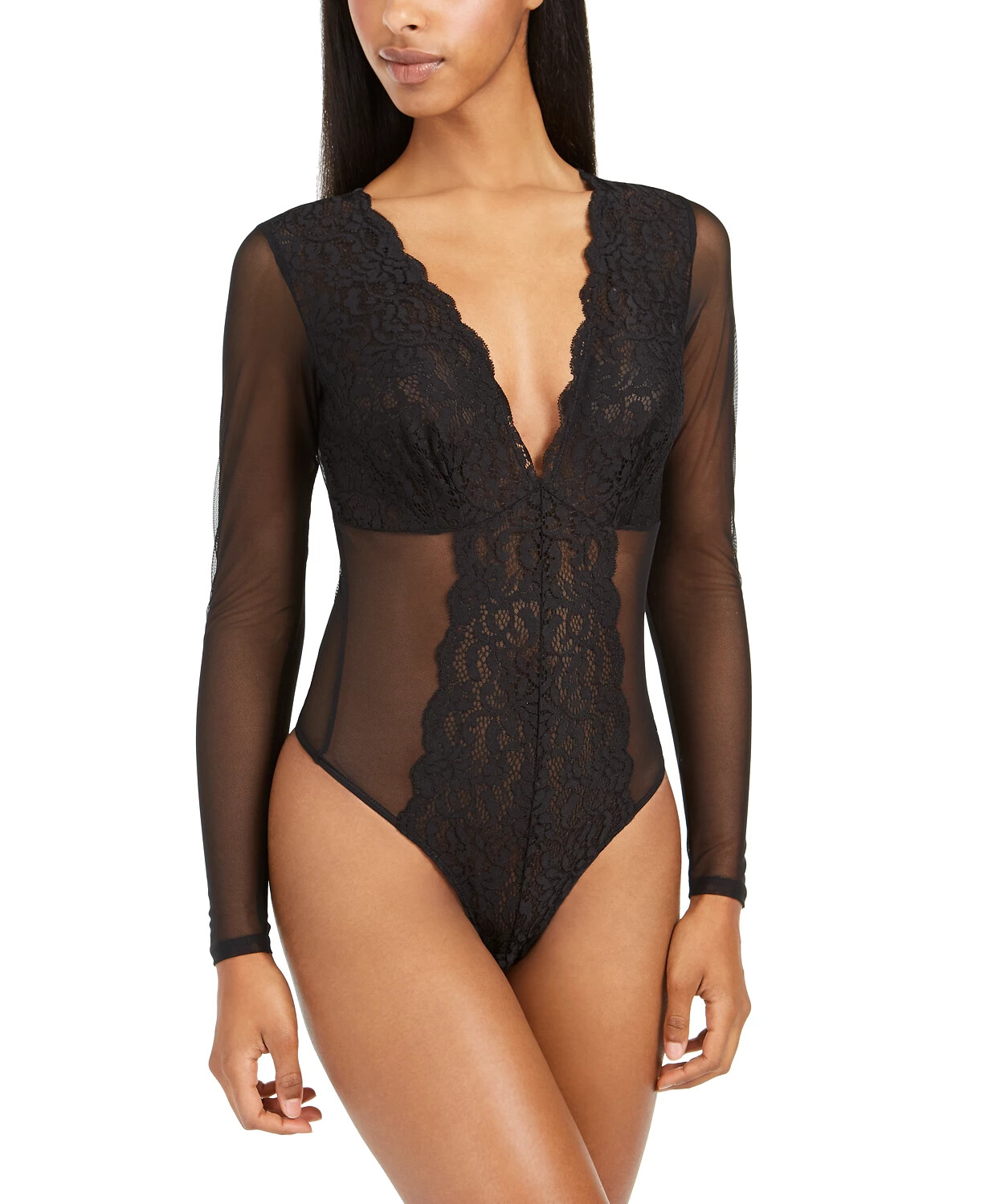 INC International Concepts Not So Basic Long-Slv Lace Mesh Bodysuit -Black(L) -- INC International Concepts Not So Basic Long-Slv Lace Mesh Bodysuit -Black(L) --