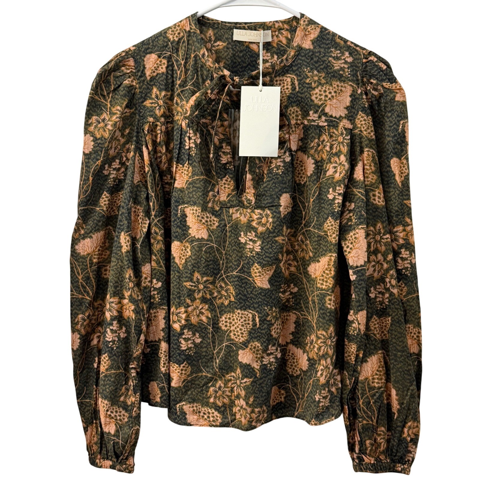 Ulla Johnson Tillie Blouse Balsam Green Floral Cotton Viscose Size 2 NEW Fall