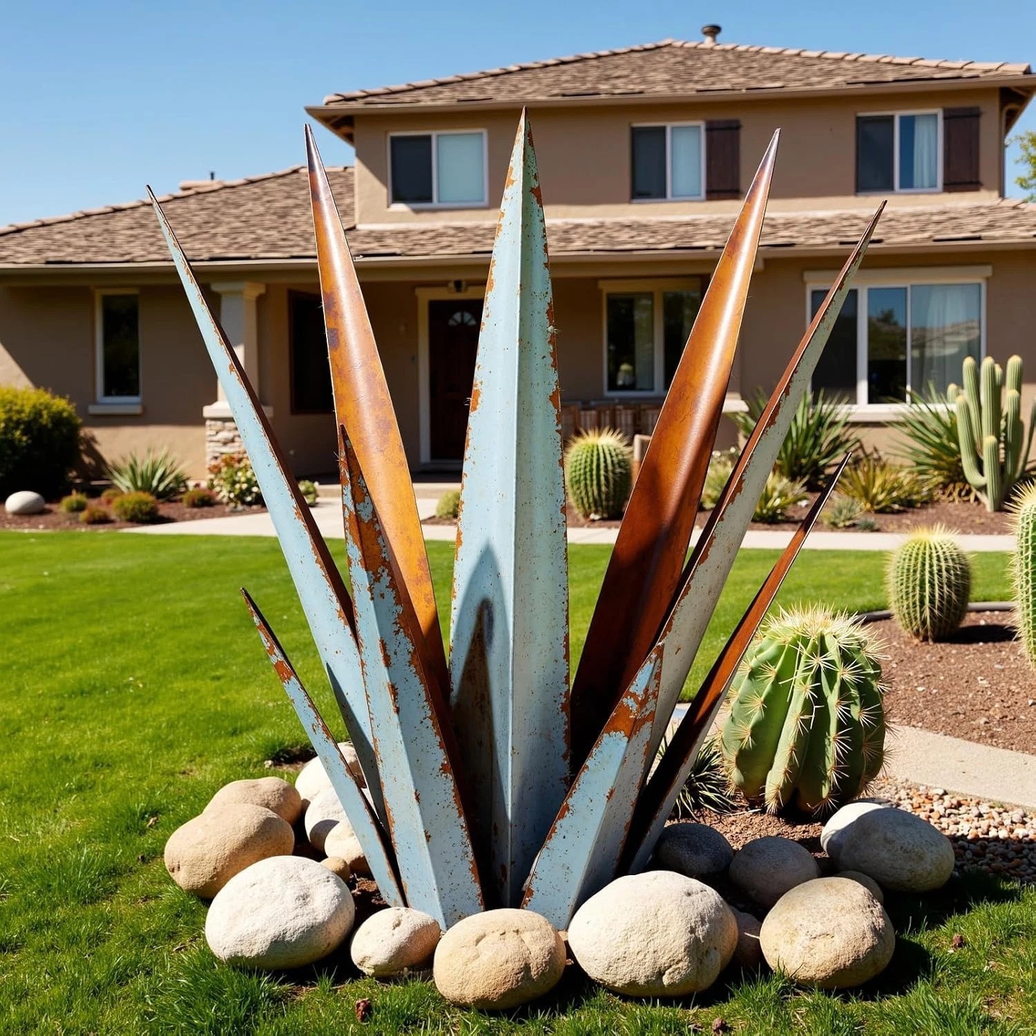 24” Metal Agave Plant Outdoor Decor Large Yard Statue Vintage Blue Desert Art 24” Metal Agave Plant Outdoor Decor Large Yard Statue Vintage Blue Desert Art
