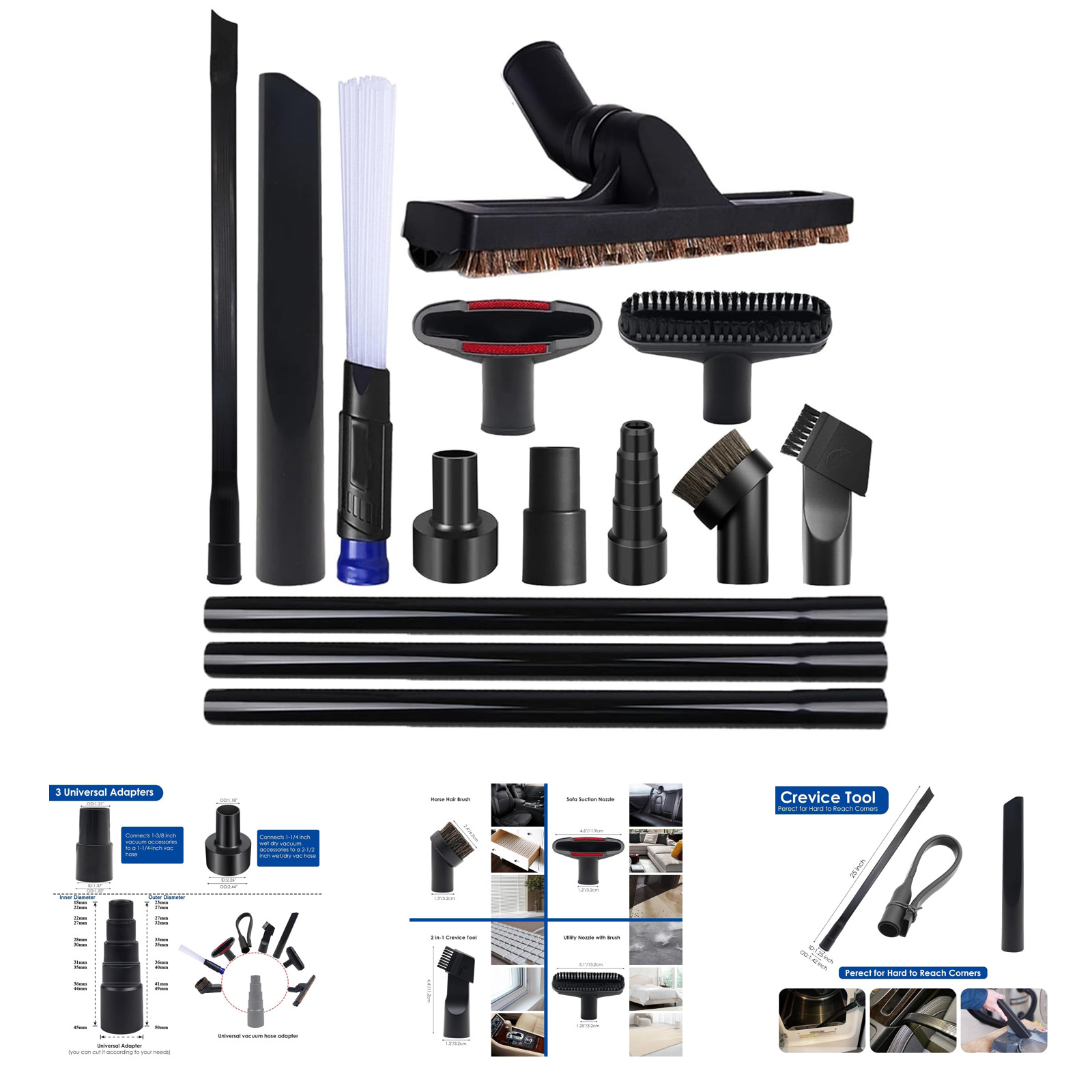 14PCS Universal Vacuum Attachments Brushes Kit for Shop Vac Accessories, Hose 14PCS Universal Vacuum Attachments Brushes Kit for Shop Vac Accessories, Hose