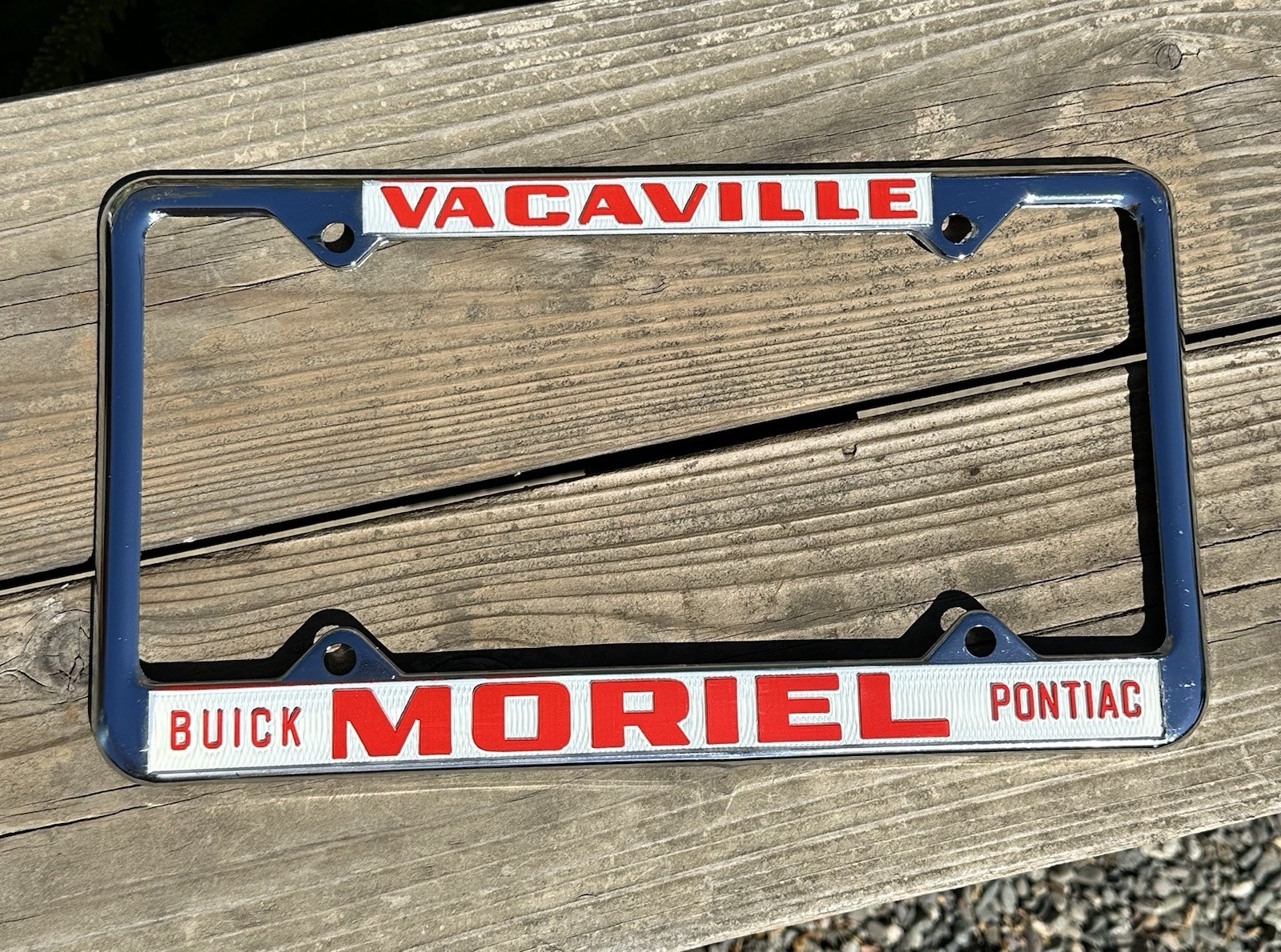 John Moriel Buick Pontiac New Old Stock  Dealer License Plate Frame Vacaville CA