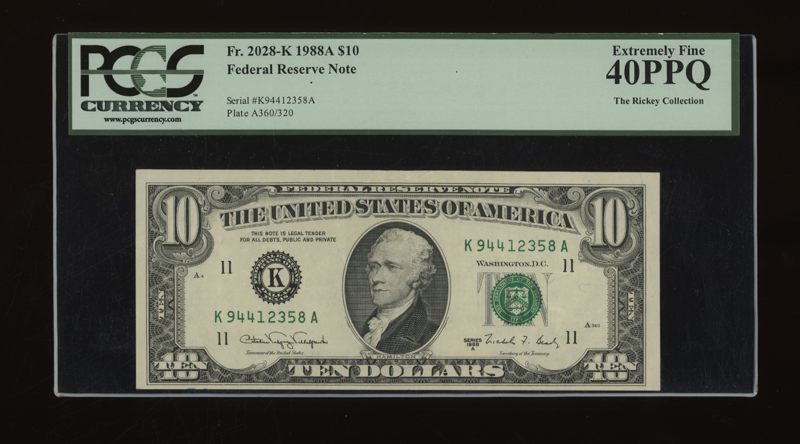 DBR 1988-A $10 FRN Dallas Fr. 2028-K PCGS XF-40 PPQ Serial K94412358A