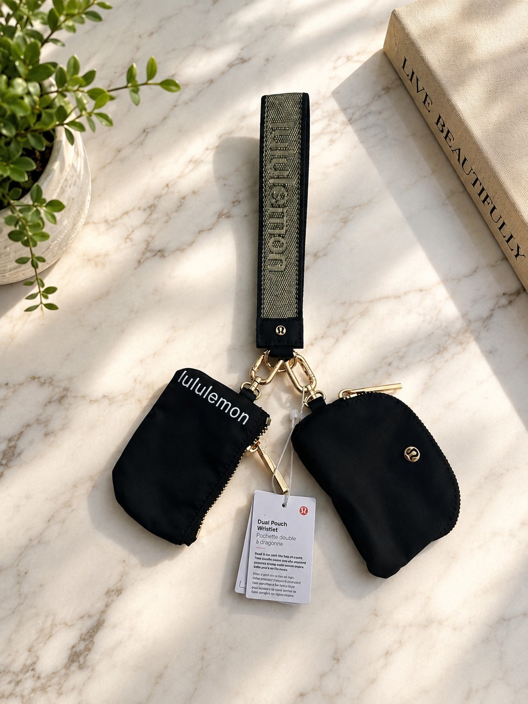 lululemon Dual Pouch Wristlet 3-Piece Set Wrist Strap Zipper Logo Black/Gold lululemon Dual Pouch Wristlet 3-Piece Set Wrist Strap Zipper Logo Black/Gold