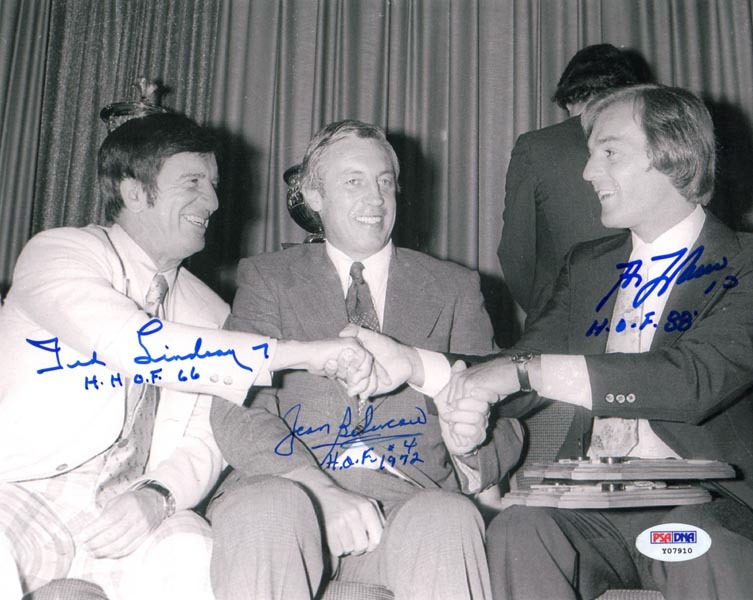 TED LINDSAY JEAN BELIVEAU GUY LAFLEUR GROUP SIGNED 8x10 PHOTO + HOF RARE PSA/DNA