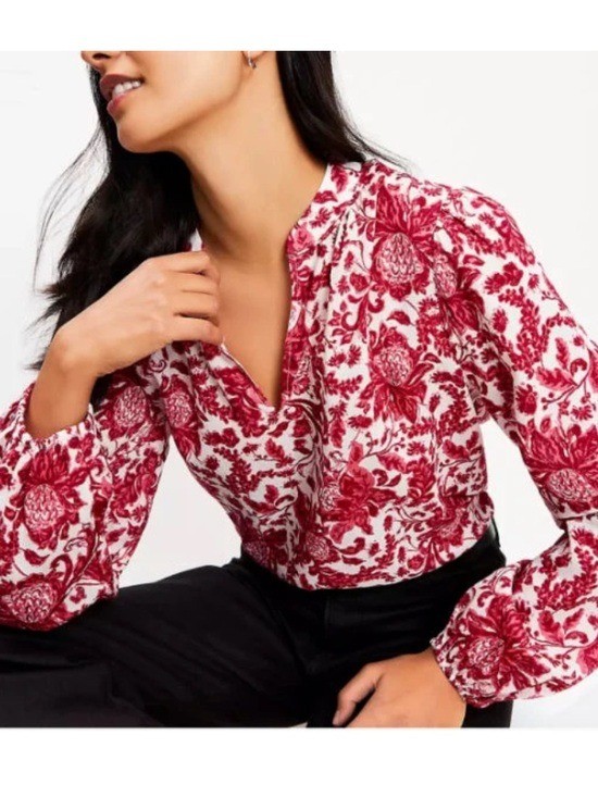 Ann Taylor LOFT Floral Paisley Split V-Neck Peasant Blouse Red Large