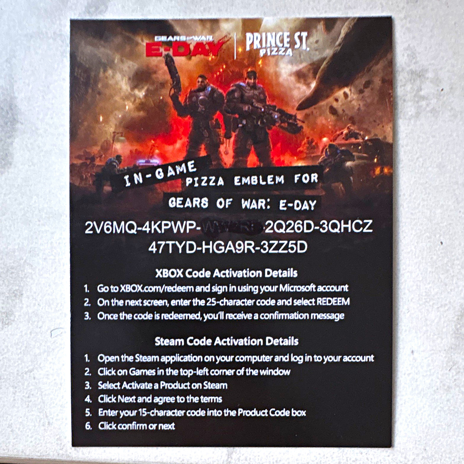 Microsoft Gears of War: E-Day In-Game Pizza Emblem Code Card Xbox/Steam Microsoft Gears of War: E-Day In-Game Pizza Emblem Code Card Xbox/Steam