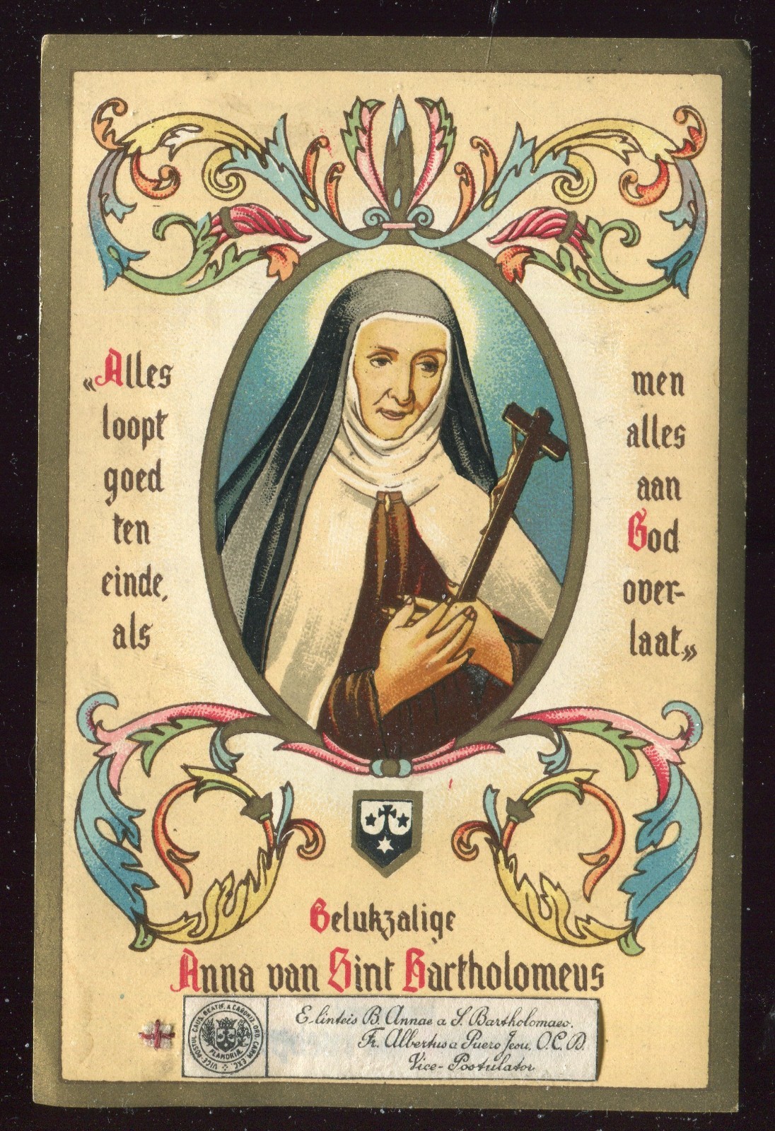 ANTIQUE HOLY CARD OF ANNA OF SINT BARTHOLOMEUS WITH RELIC ANTIQUE HOLY CARD OF ANNA OF SINT BARTHOLOMEUS WITH RELIC
