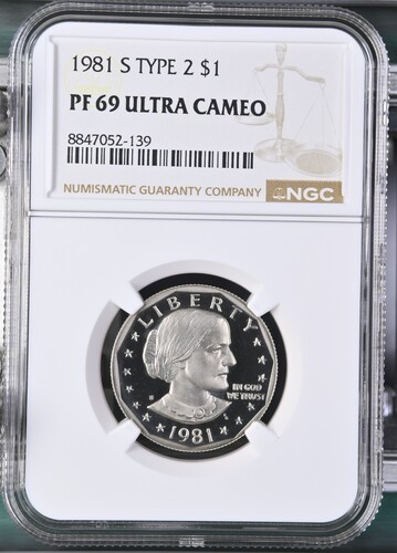 1981 S $1 Type 2 NGC PF69 Ultra Cameo Proof Susan B. Anthony Dollar SBA Flat S 1981 S $1 Type 2 NGC PF69 Ultra Cameo Proof Susan B. Anthony Dollar SBA Flat S