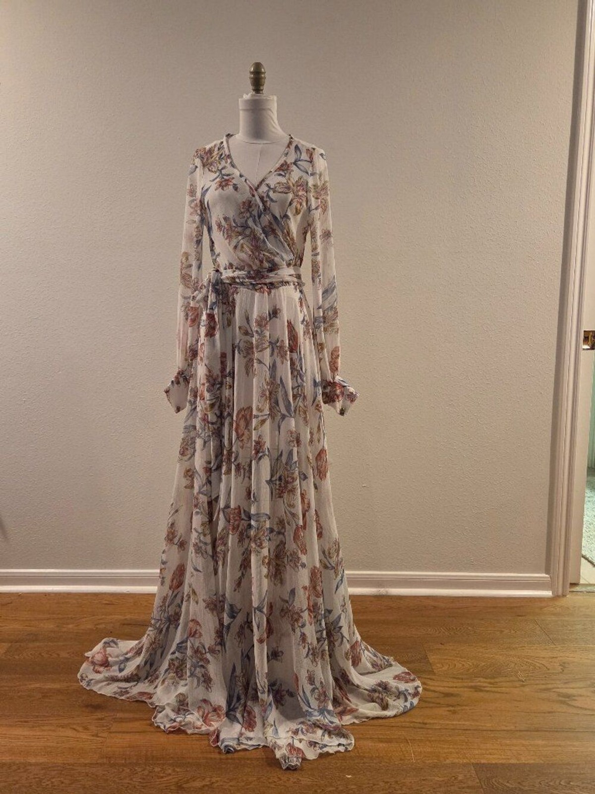 Floral Wrap Maxi Dress Long Sleeve Boho Ruffle Hem
