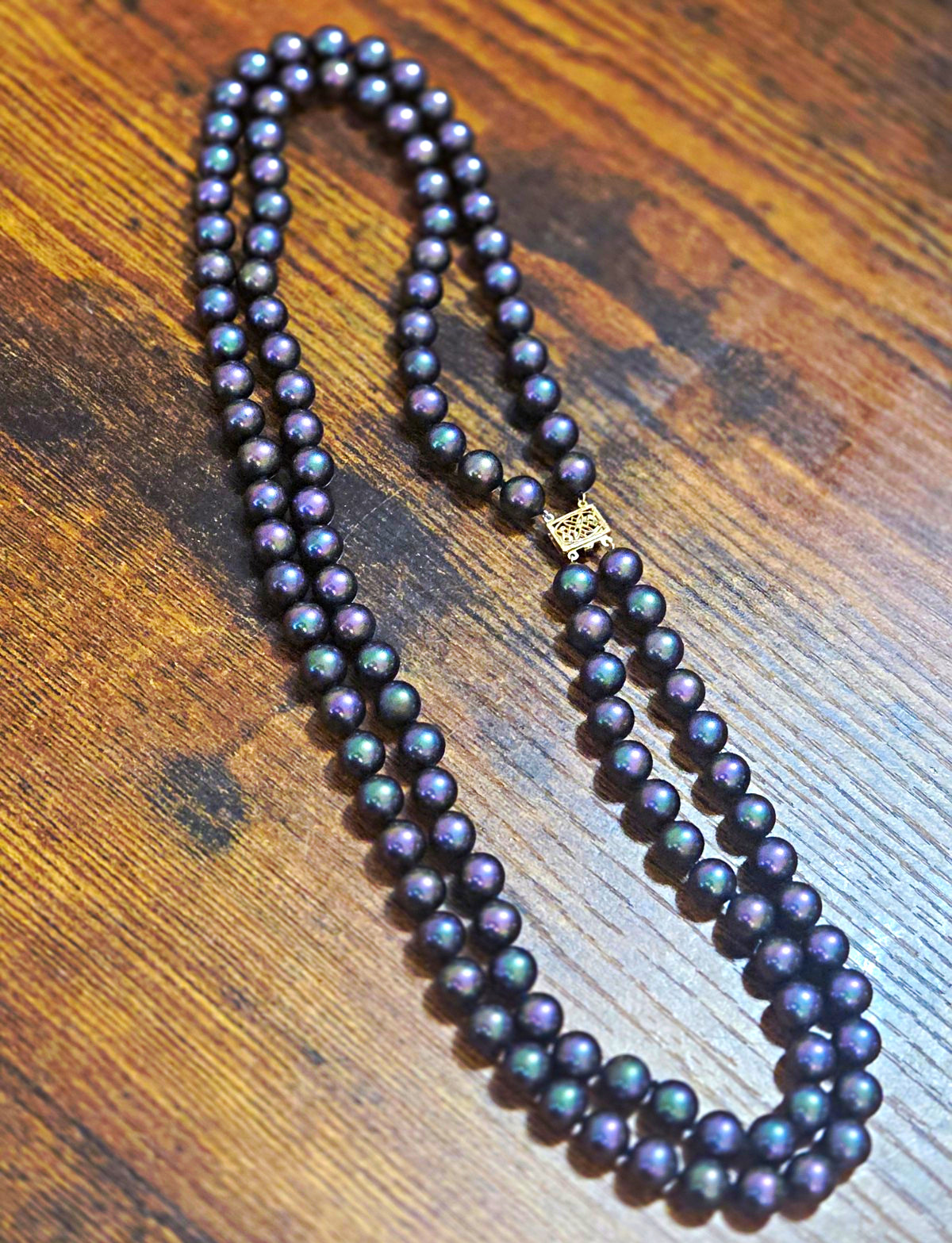 14k Yellow Gold Black Pearl Beaded Strand Necklace, Box Clasp, Signed