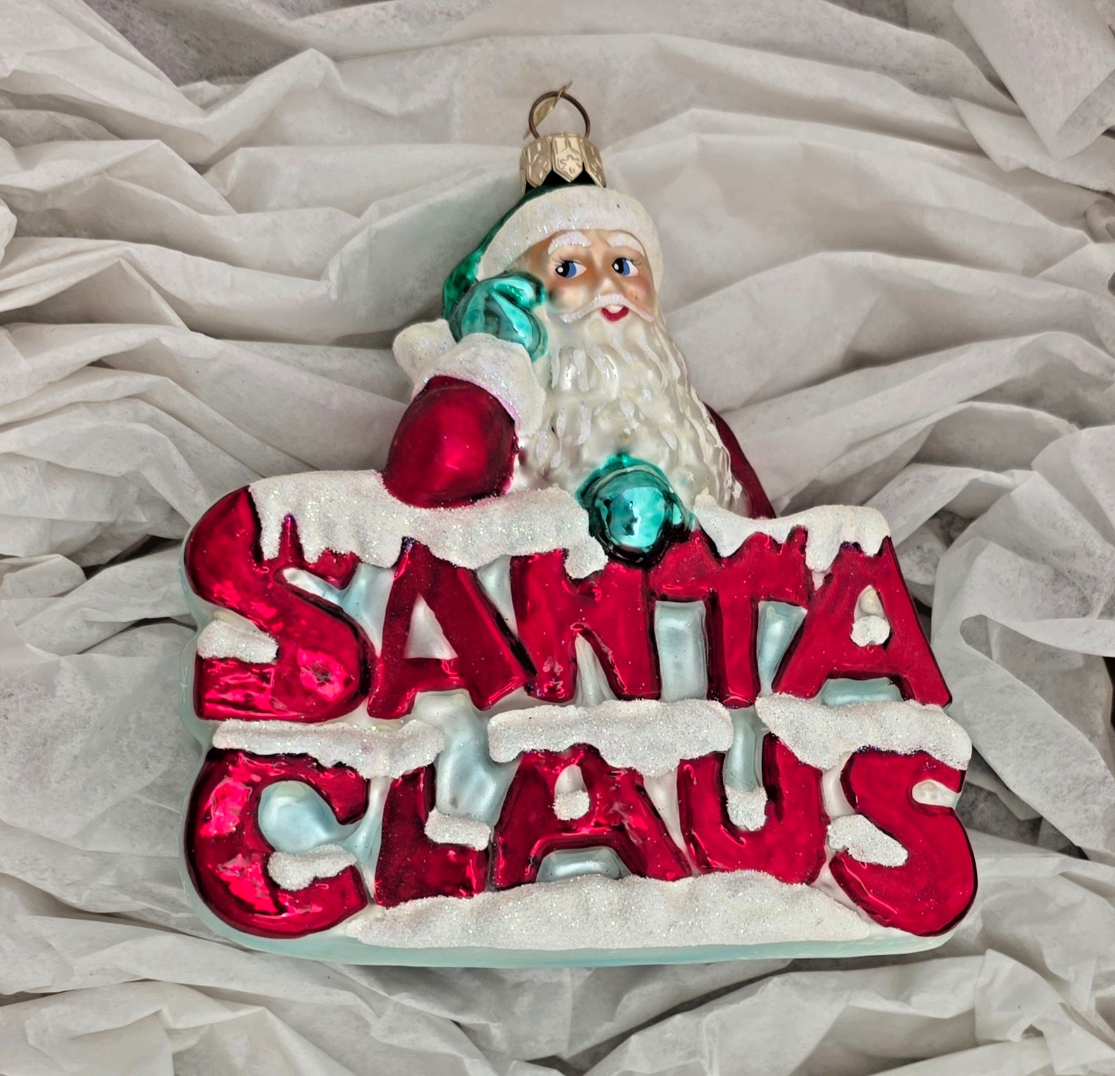 Christopher Radko Santa on Santa Claus Sign Glass Christmas Ornament
