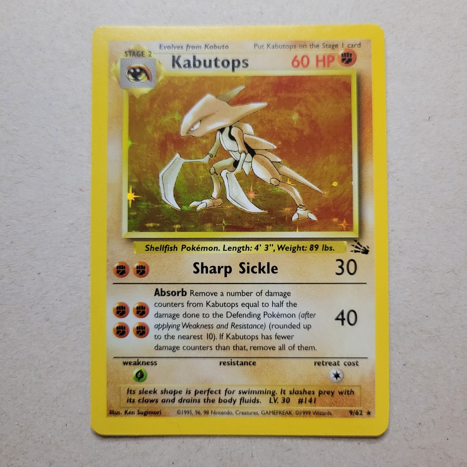 1999 Pokemon Kabutops 9/62 Holo Rare Fossil WOTC 1999 Pokemon Kabutops 9/62 Holo Rare Fossil WOTC