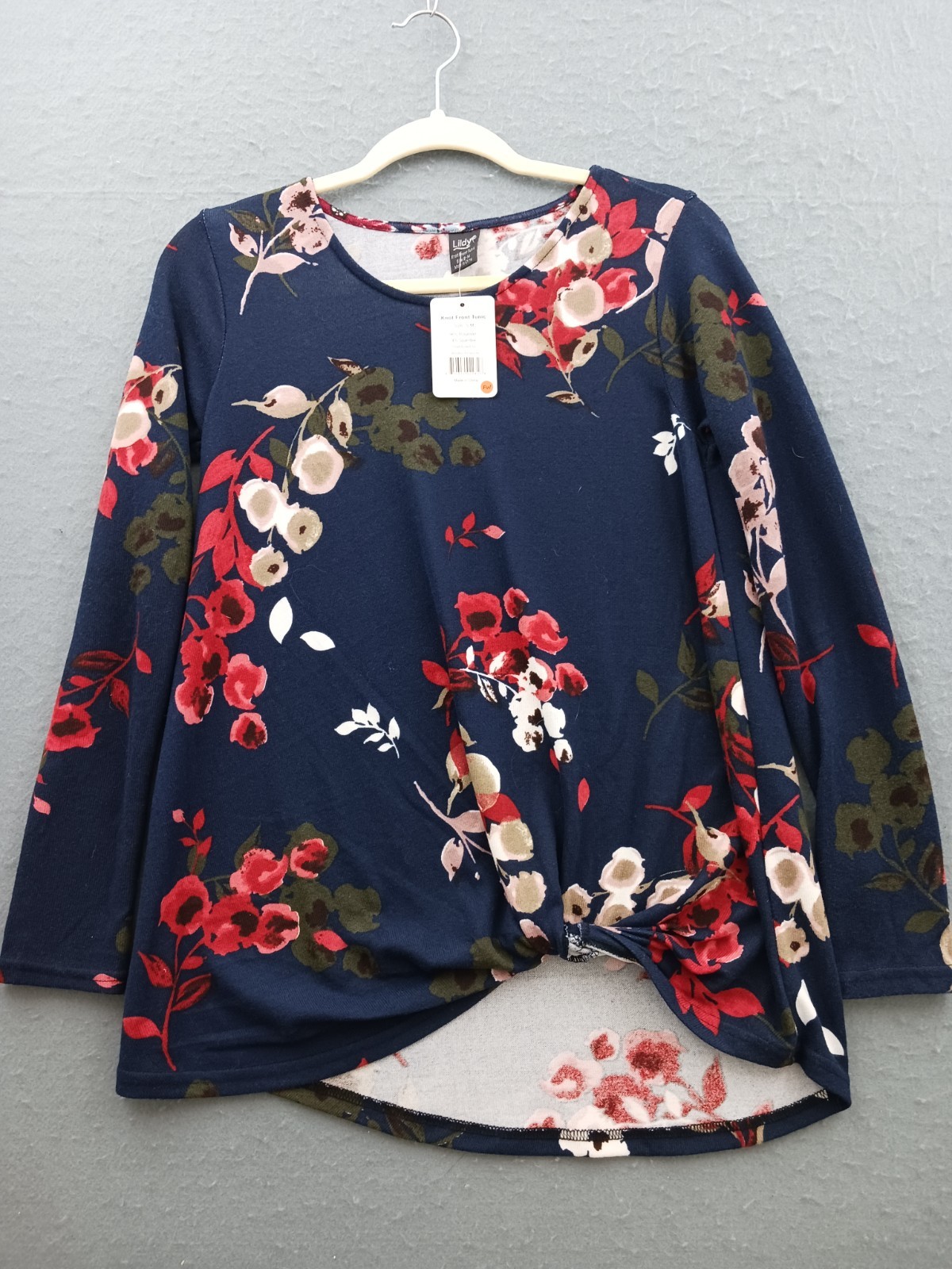 Lildy Women\'s Top S-M Navy Floral Knit Knot Front Long Sleeve Tunic Casual NWT