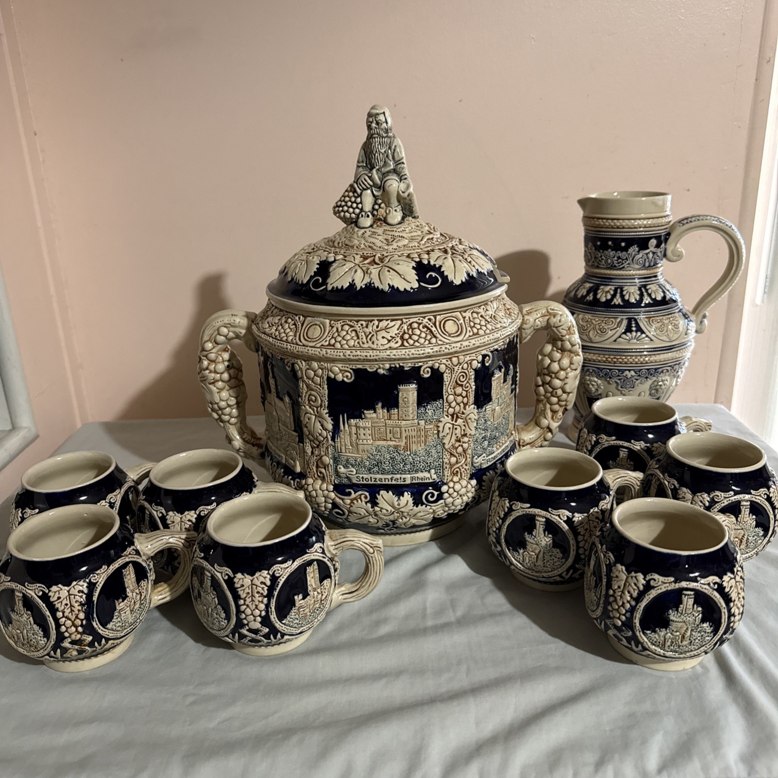 Vintage Marzi & Remy German Gnome Covered  Punch Bowl . 8 cups 1L pitcher