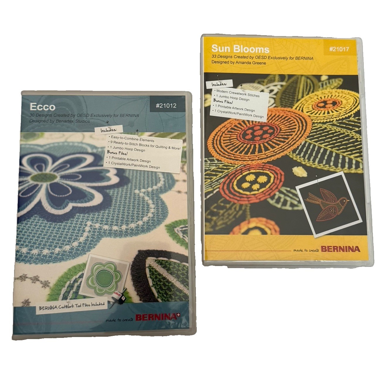 OESD Bernina Embroidery Designs Lot of 2 CD\'s Ecco #21012 & Sun Blooms #21017 OESD Bernina Embroidery Designs Lot of 2 CD\'s Ecco #21012 & Sun Blooms #21017