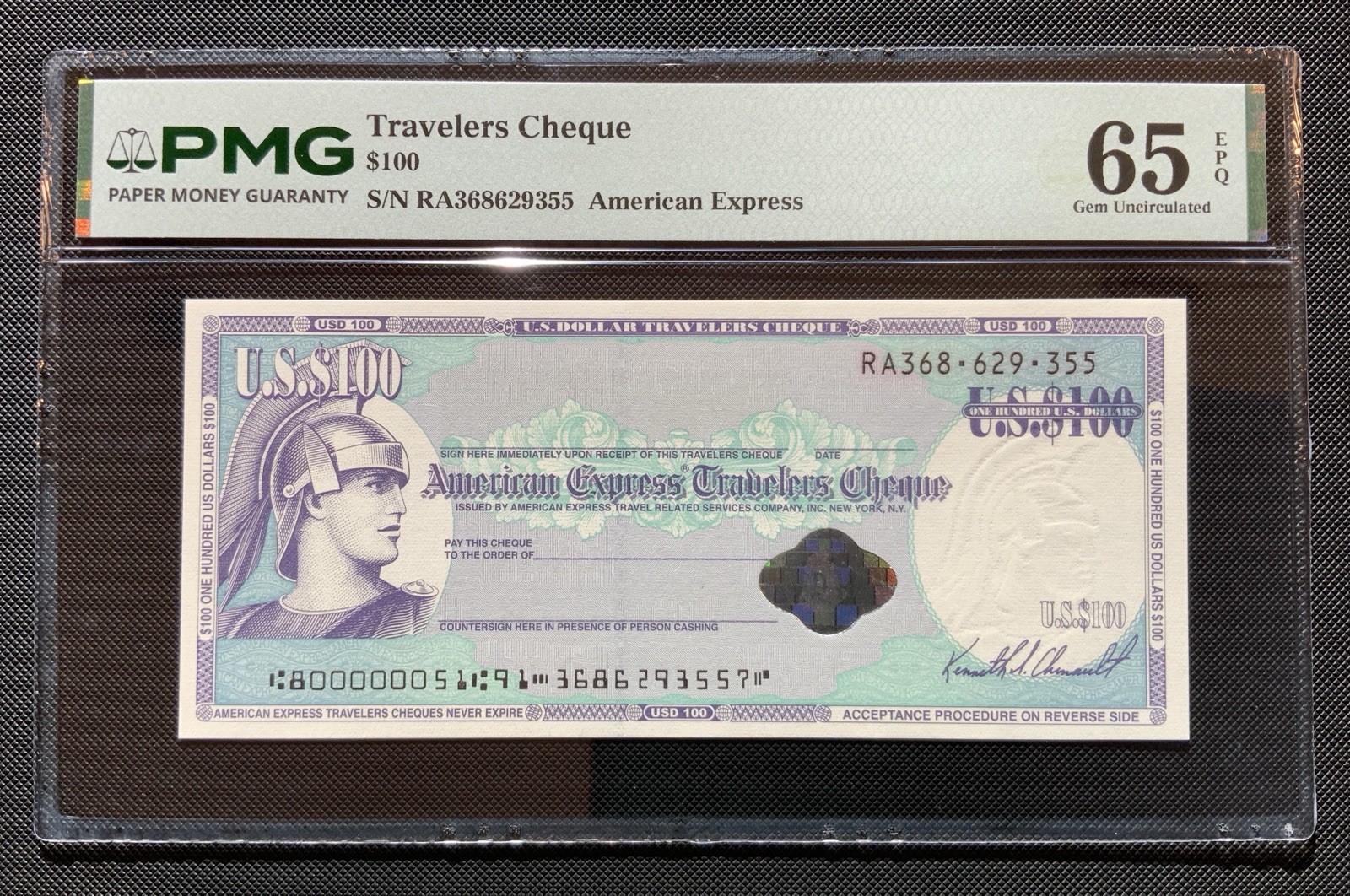 PMG 65 EPQ Graded American Express $100 Travelers Cheque EXTREMELY RARE UNSIGNED
