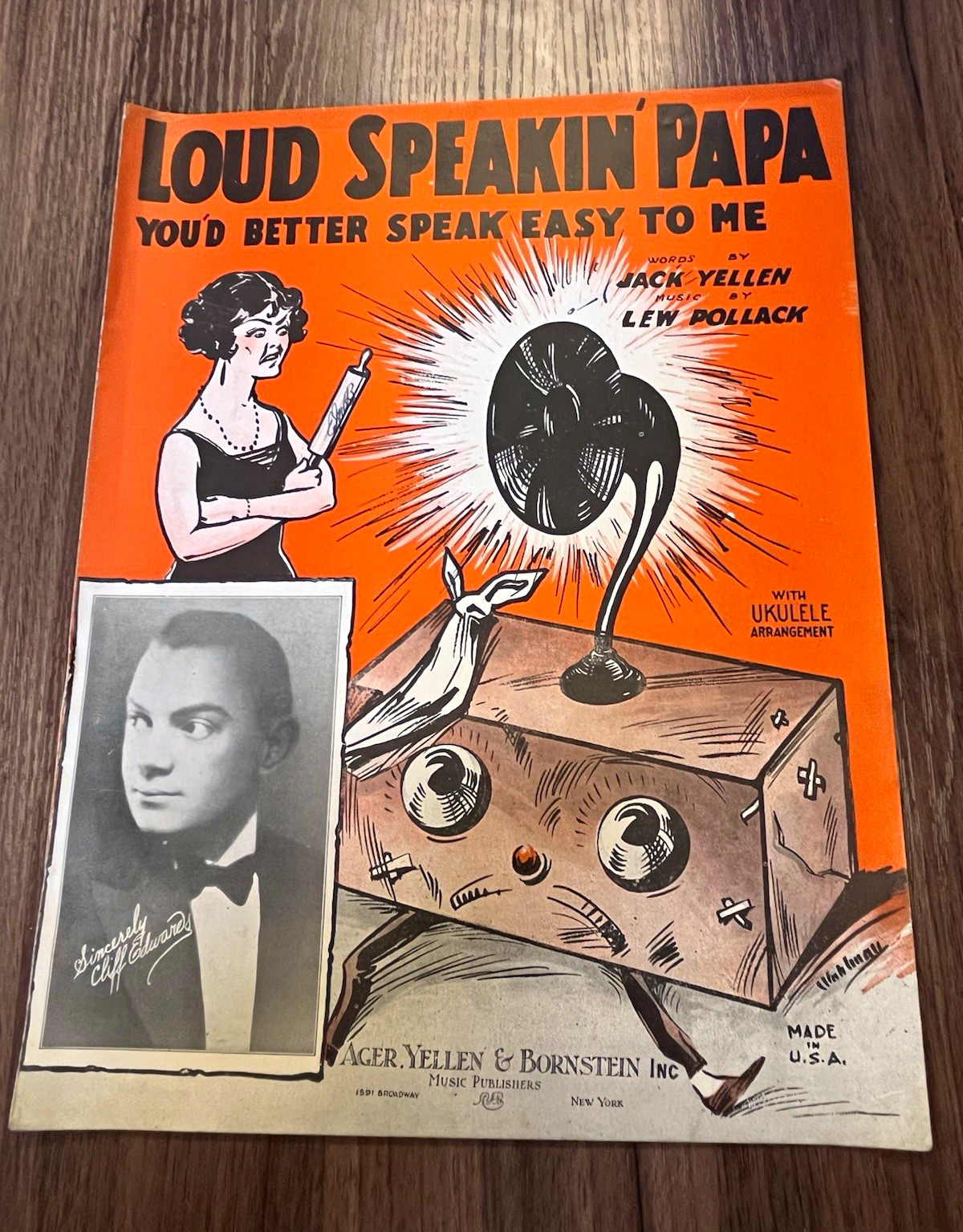 1925 Loud Speakin Papa Sheet Music Cliff Edwards Ukulele Ike Radio Vintage